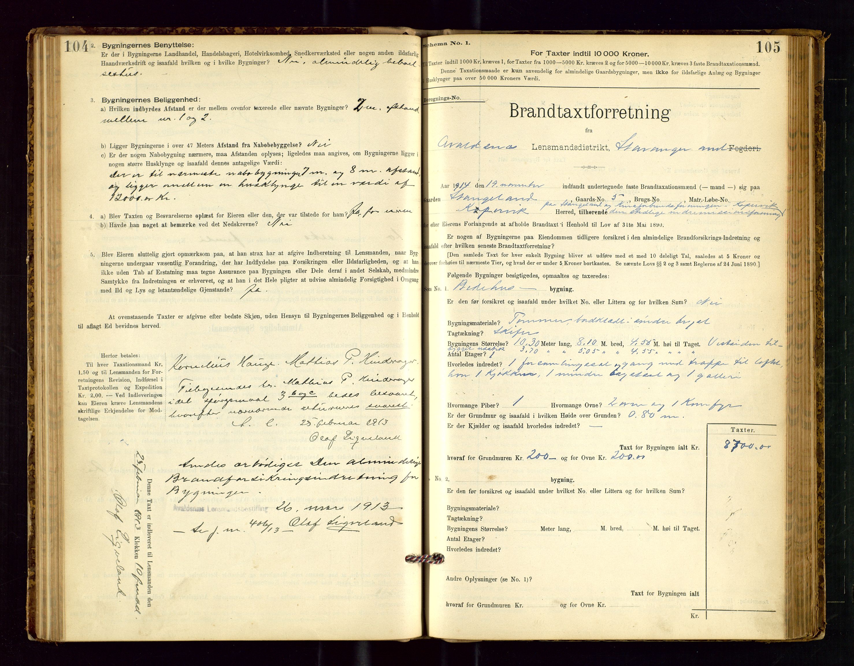 Avaldsnes lensmannskontor, SAST/A-100286/Gob/L0001: "Brandtaxationsprotokol for Avaldsnes Lensmandsdistrikt Ryfylke Fogderi", 1894-1925, p. 104-105