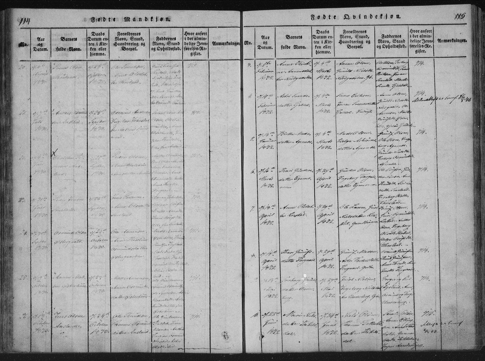 Åseral sokneprestkontor, AV/SAK-1111-0051/F/Fa/L0001: Parish register (official) no. A 1, 1815-1853, p. 114-115