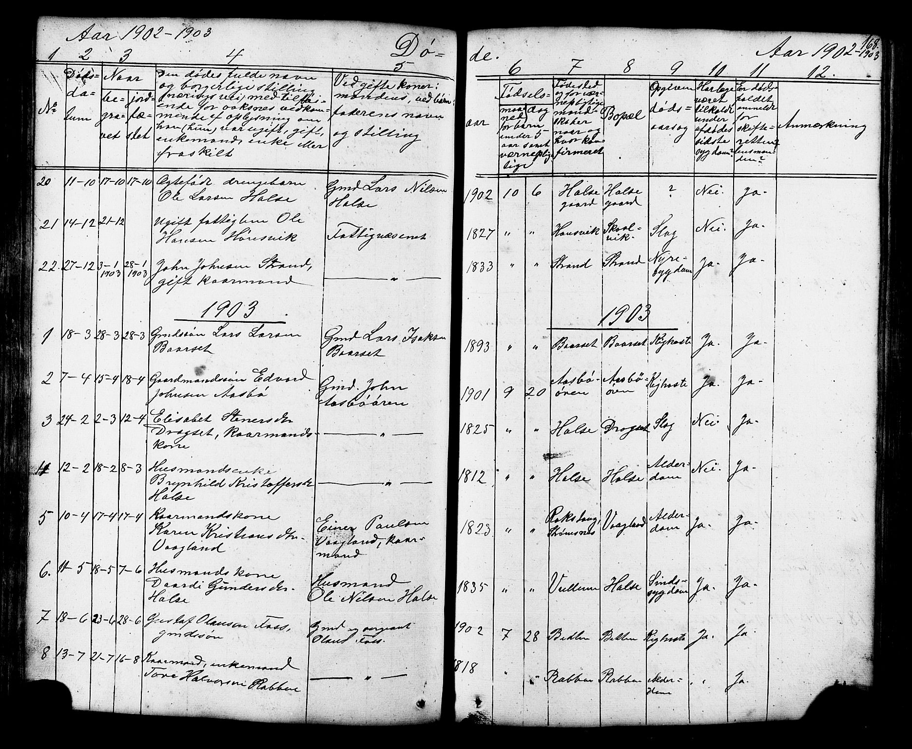 Ministerialprotokoller, klokkerbøker og fødselsregistre - Møre og Romsdal, AV/SAT-A-1454/576/L0890: Parish register (copy) no. 576C01, 1837-1908, p. 168