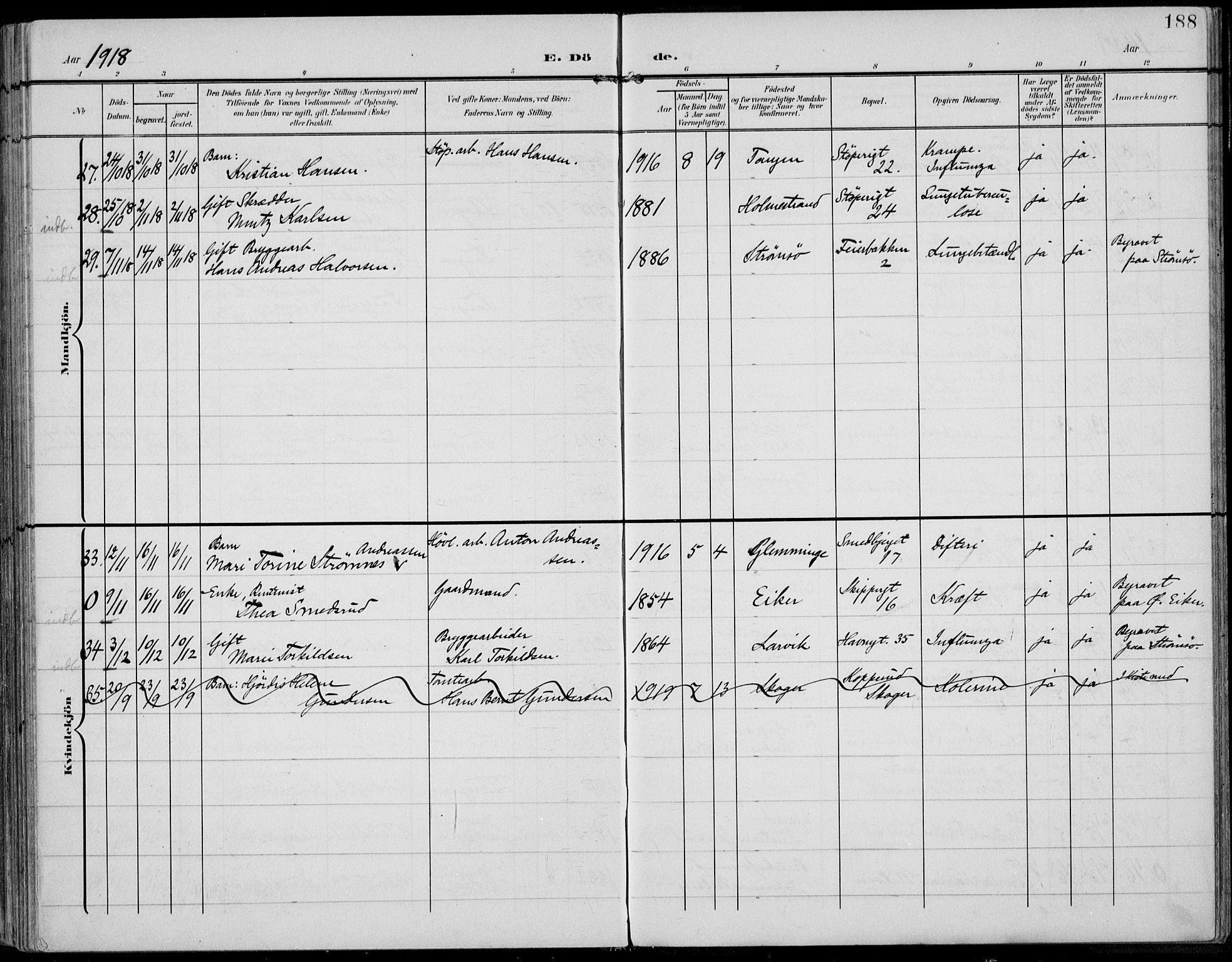 Strømsø kirkebøker, AV/SAKO-A-246/F/Fb/L0008: Parish register (official) no. II 8, 1902-1933, p. 188