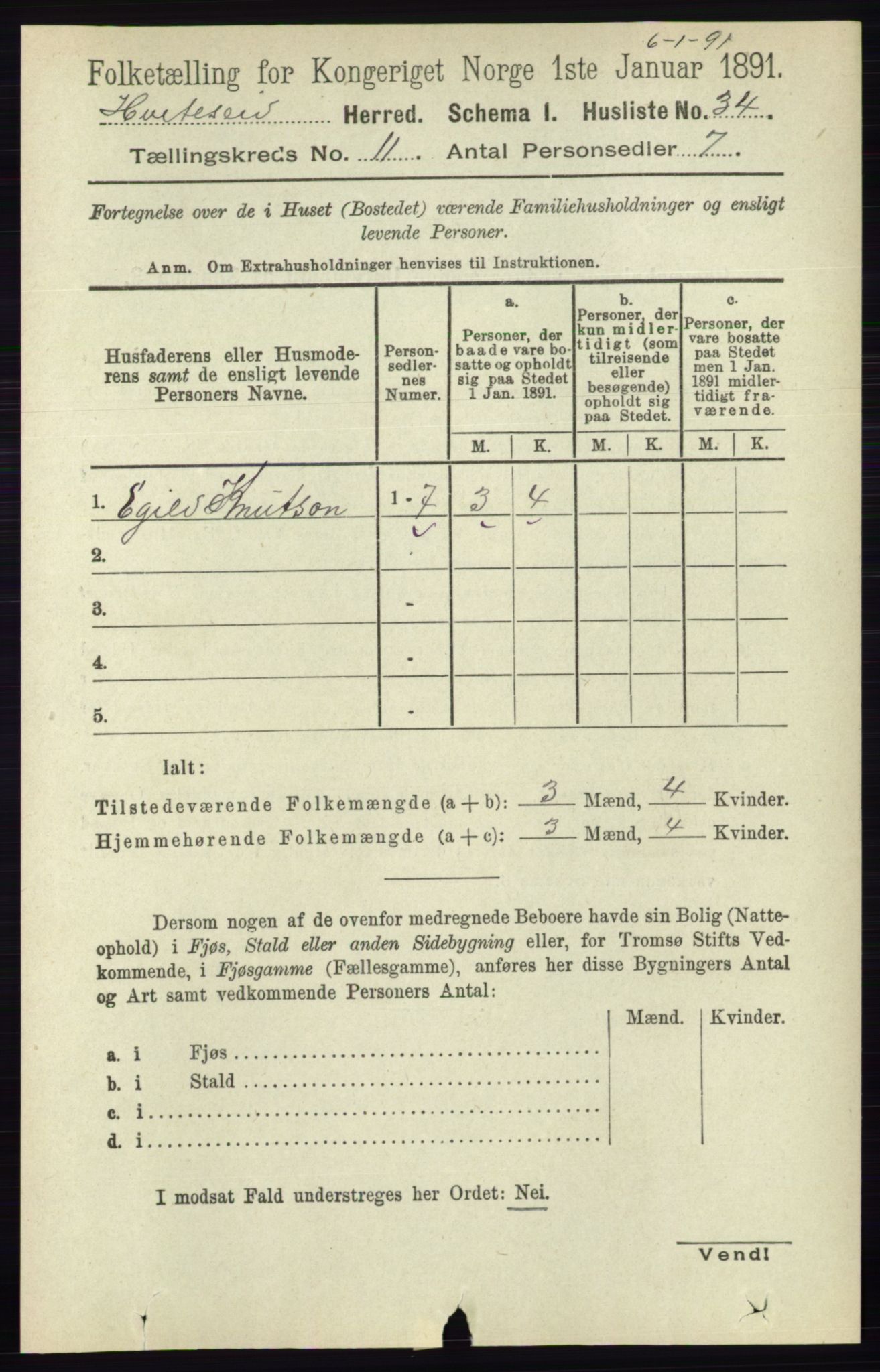 RA, 1891 census for 0829 Kviteseid, 1891, p. 2534