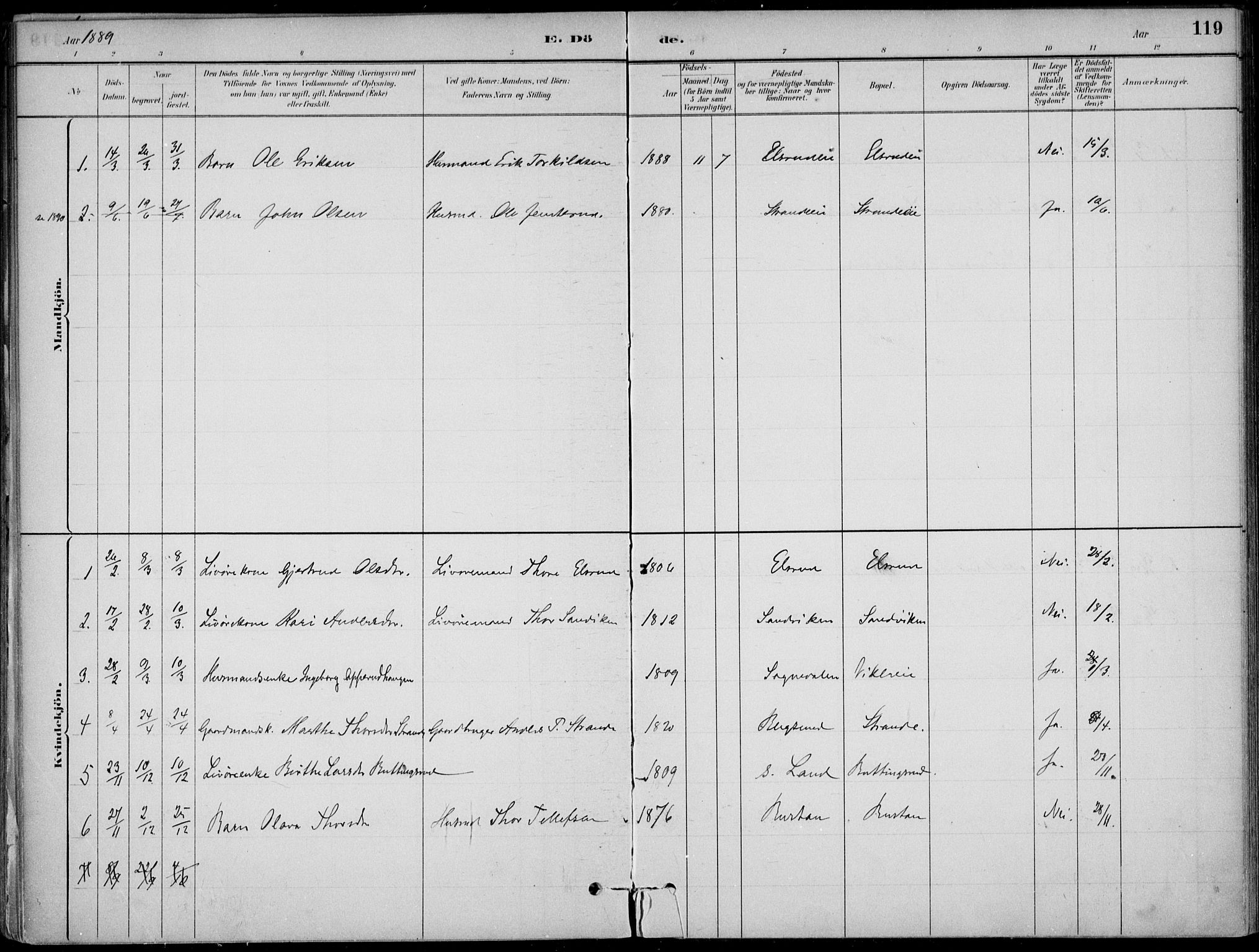 Ådal kirkebøker, AV/SAKO-A-248/F/Fa/L0003: Parish register (official) no. I 3, 1884-1903, p. 119