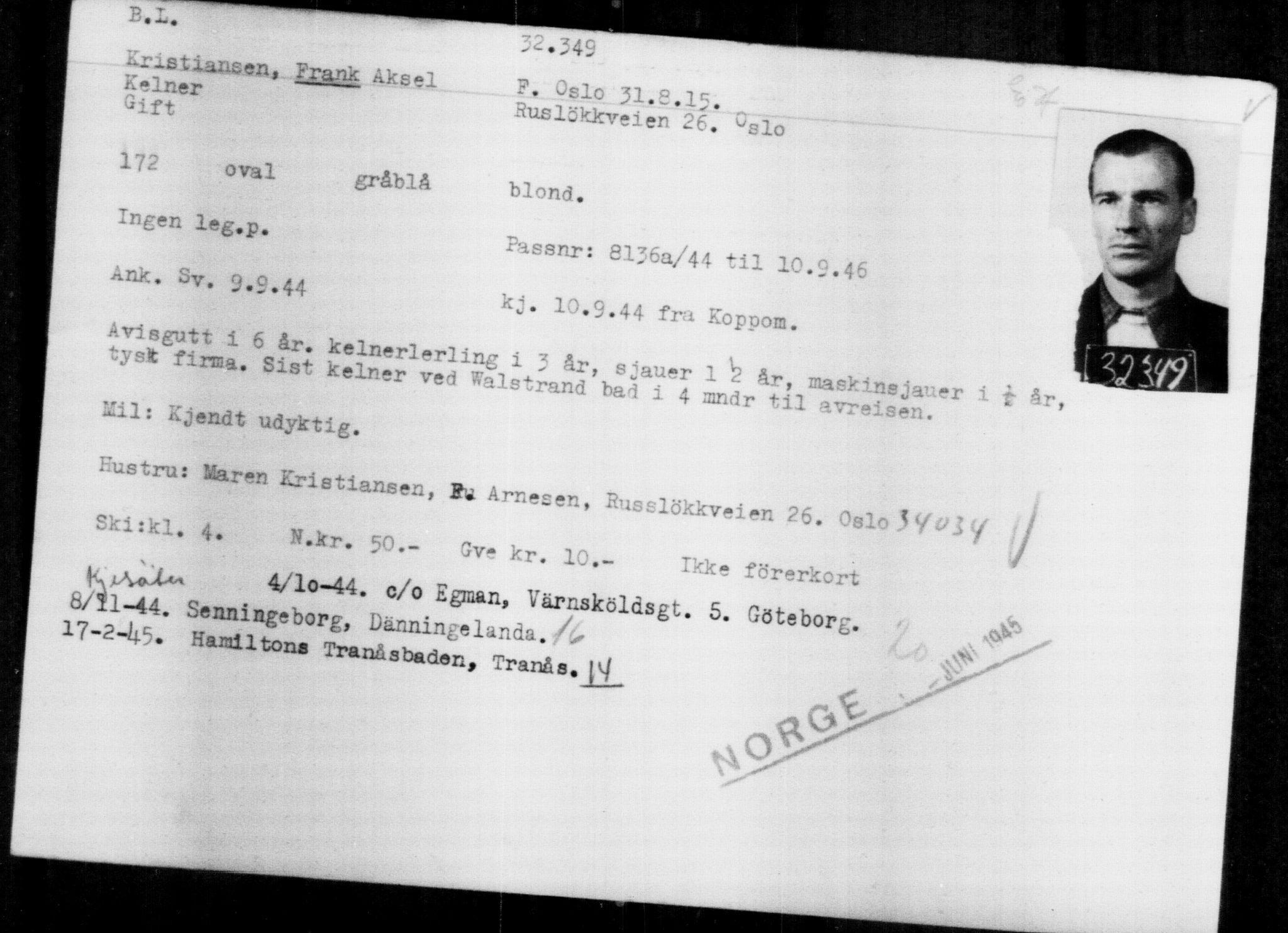 Utenriksstasjonene, Legasjonen i Stockholm, Flyktningkontoret, AV/RA-S-6753/V/Va/L0013: Kjesäterkartoteket, flyktninger med registreringsnr. 31500-34731, 1940-1945, p. 898