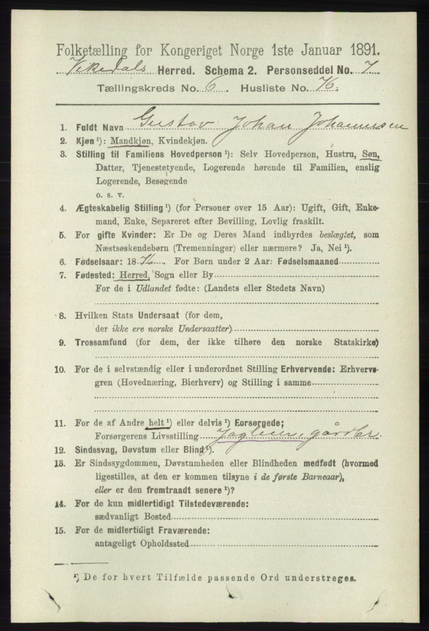 RA, 1891 census for 1157 Vikedal, 1891, p. 1980