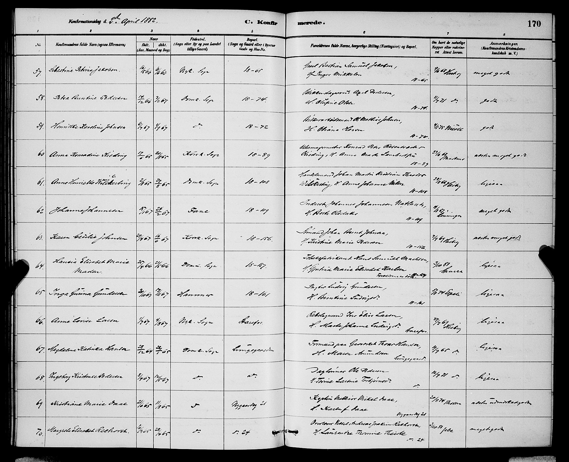 Domkirken sokneprestembete, AV/SAB-A-74801/H/Hab/L0024: Parish register (copy) no. C 4, 1880-1899, p. 170