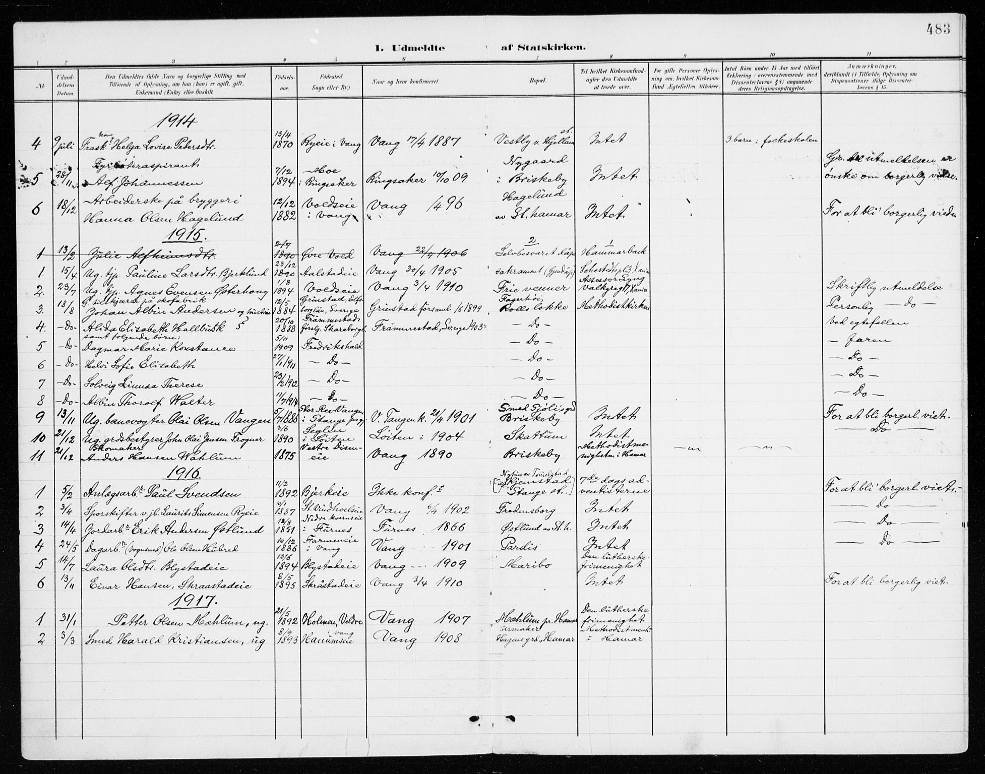 Vang prestekontor, Hedmark, SAH/PREST-008/H/Ha/Haa/L0021: Parish register (official) no. 21, 1902-1917, p. 483