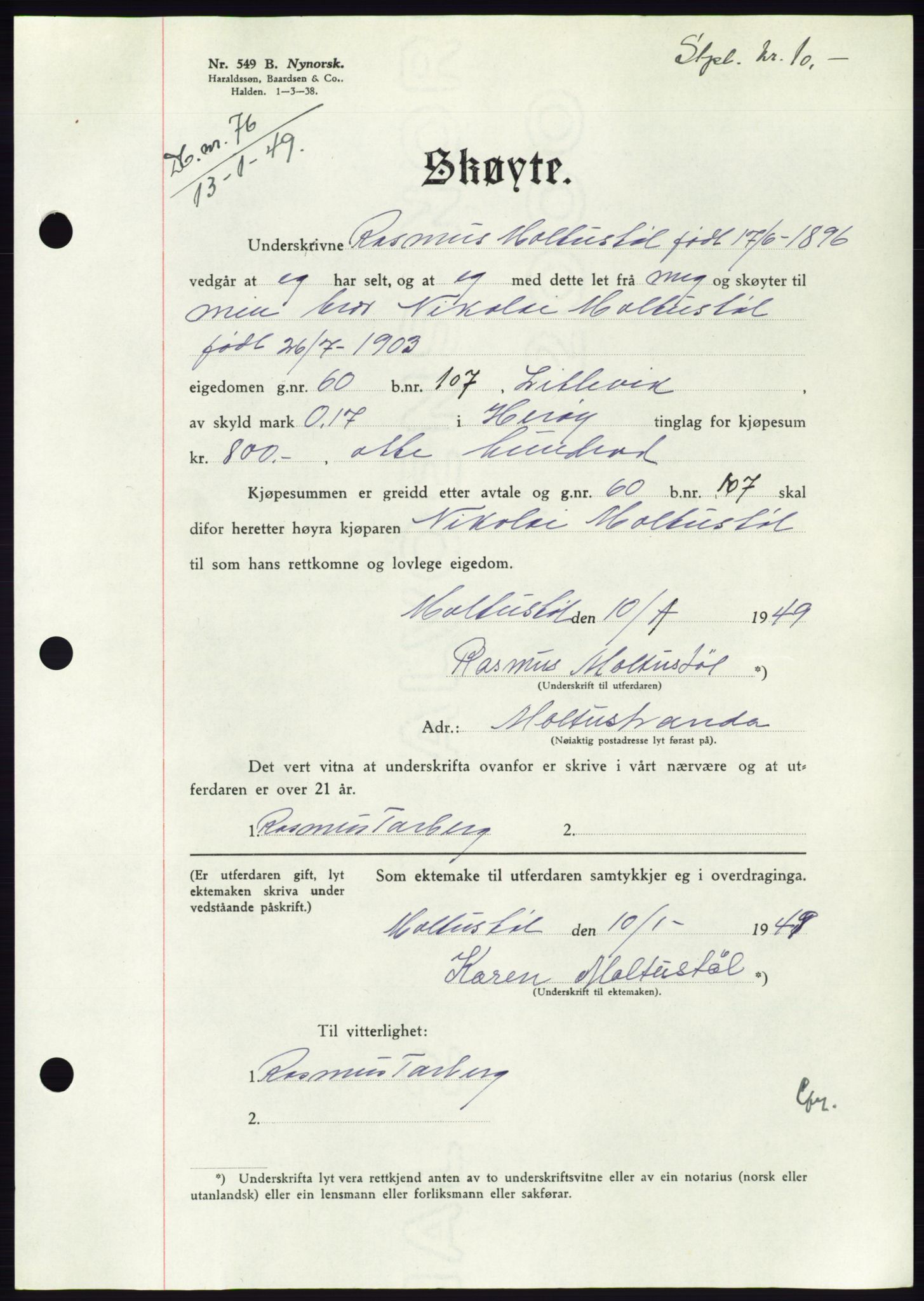 Søre Sunnmøre sorenskriveri, AV/SAT-A-4122/1/2/2C/L0083: Mortgage book no. 9A, 1948-1949, Diary no: : 76/1949