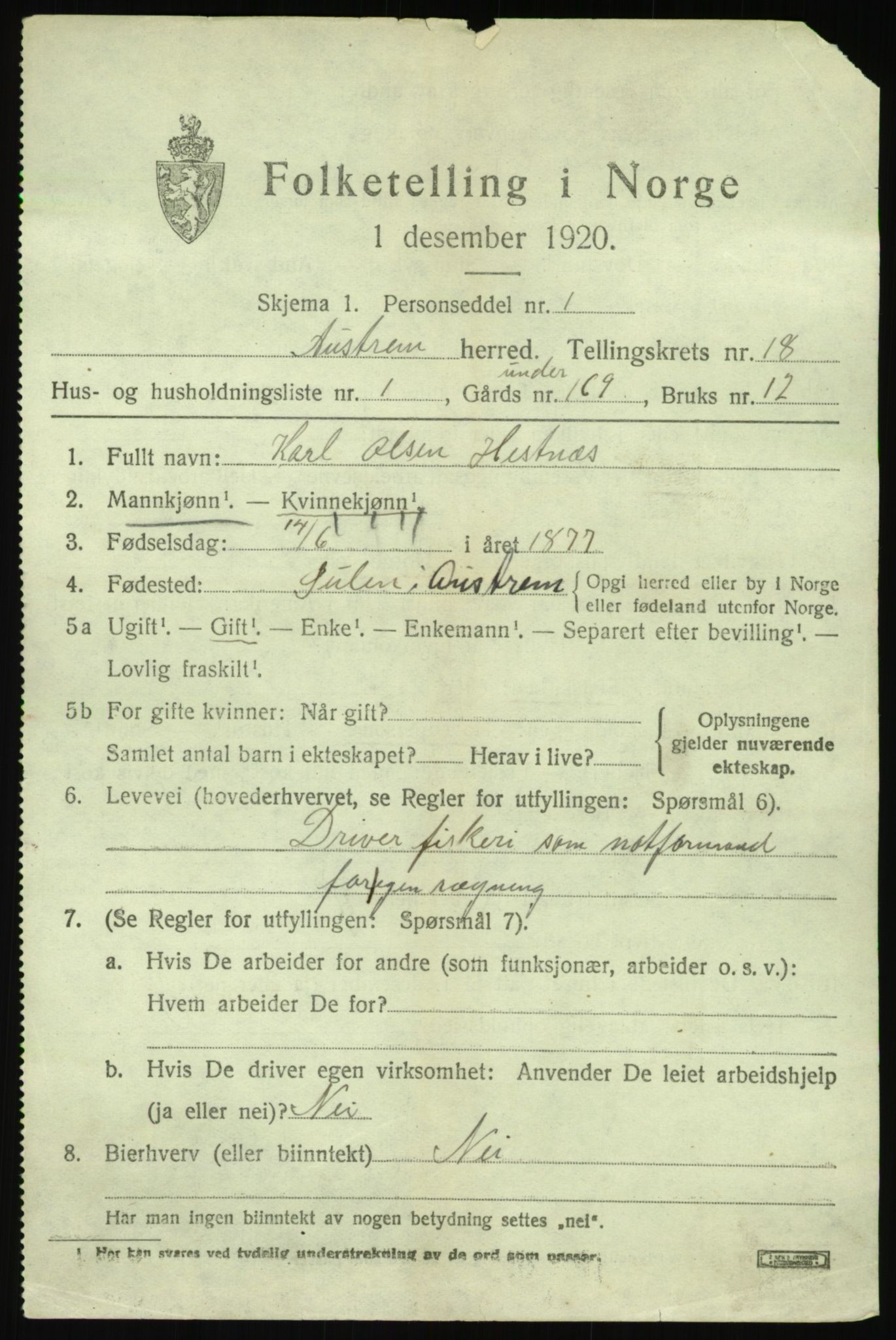SAB, 1920 census for Austrheim, 1920, p. 5970