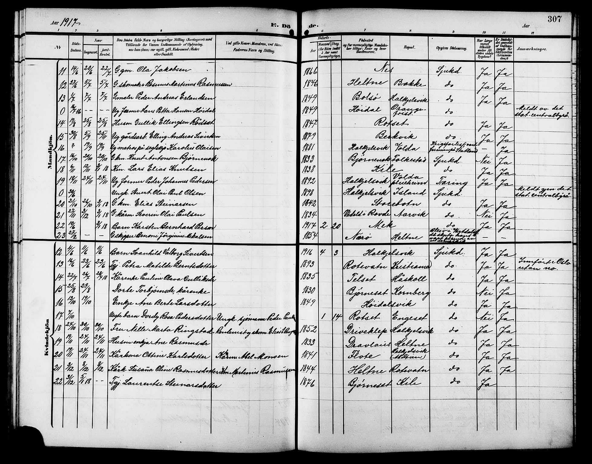 Ministerialprotokoller, klokkerbøker og fødselsregistre - Møre og Romsdal, SAT/A-1454/511/L0159: Parish register (copy) no. 511C05, 1902-1920, p. 307