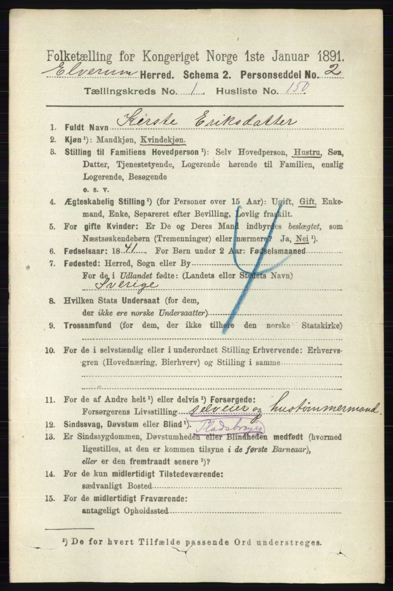 RA, 1891 census for 0427 Elverum, 1891, p. 1115