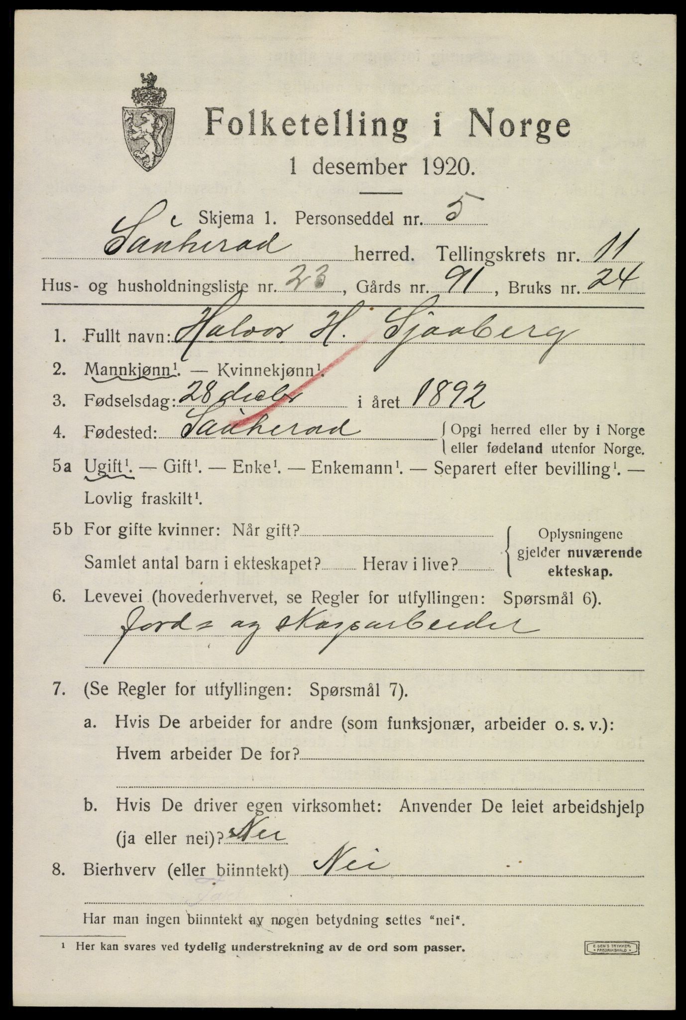 SAKO, 1920 census for Sauherad, 1920, p. 8292