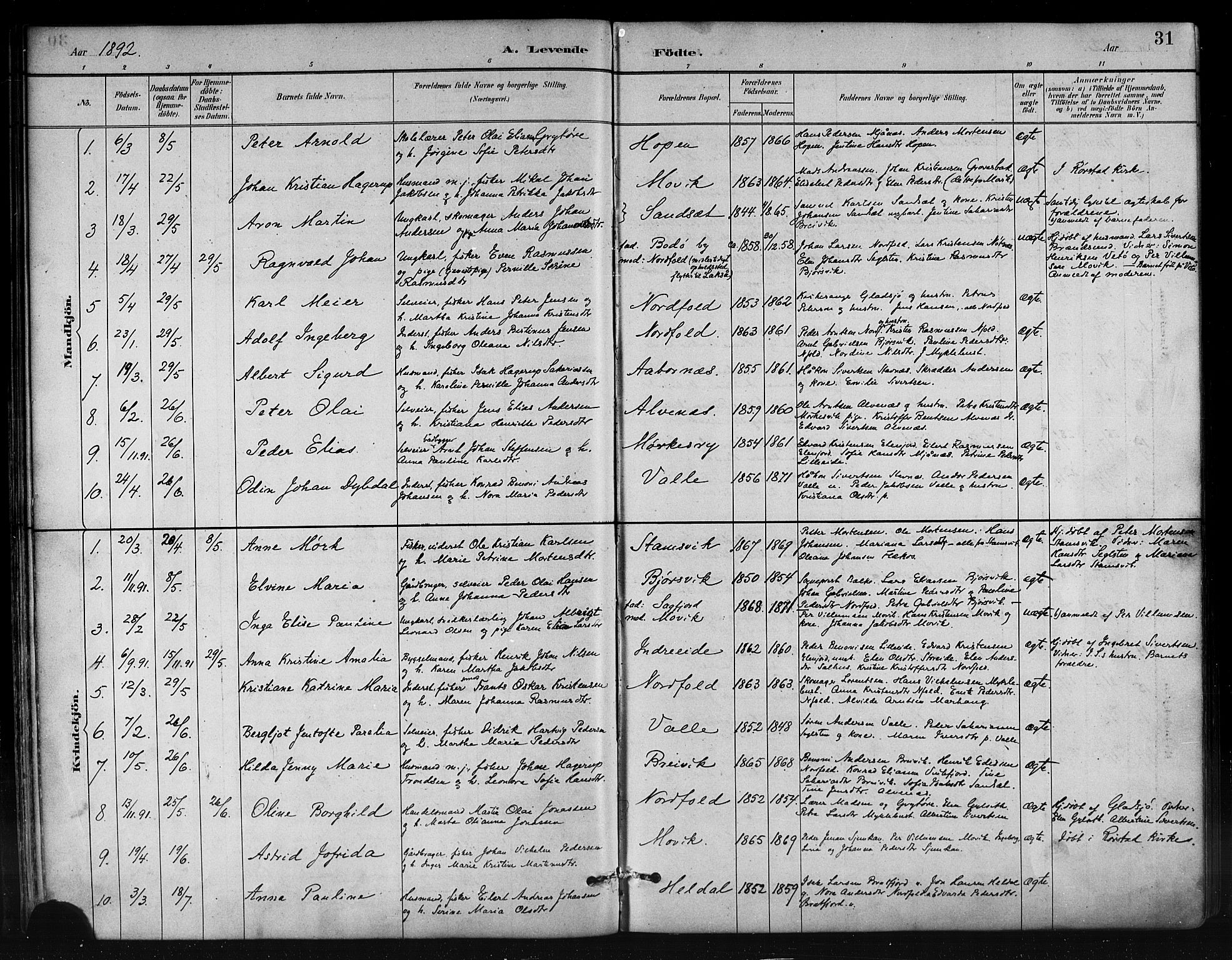 Ministerialprotokoller, klokkerbøker og fødselsregistre - Nordland, AV/SAT-A-1459/858/L0831: Parish register (official) no. 858A01, 1884-1902, p. 31