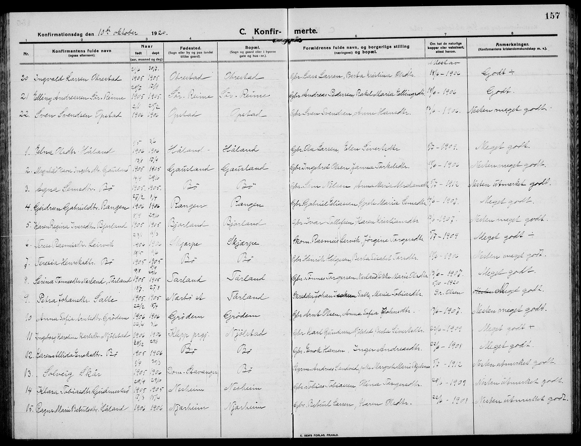 Hå sokneprestkontor, SAST/A-101801/001/30BB/L0007: Parish register (copy) no. B 7, 1912-1939, p. 157