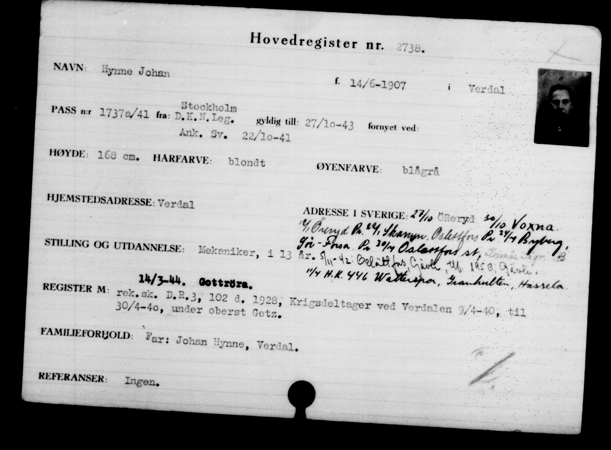 Utenriksstasjonene, Legasjonen i Stockholm, Flyktningkontoret, AV/RA-S-6753/V/Va/L0003: Kjesäterkartoteket, flyktninger med registreringsnr. 2001-3495, 1940-1945, p. 1123