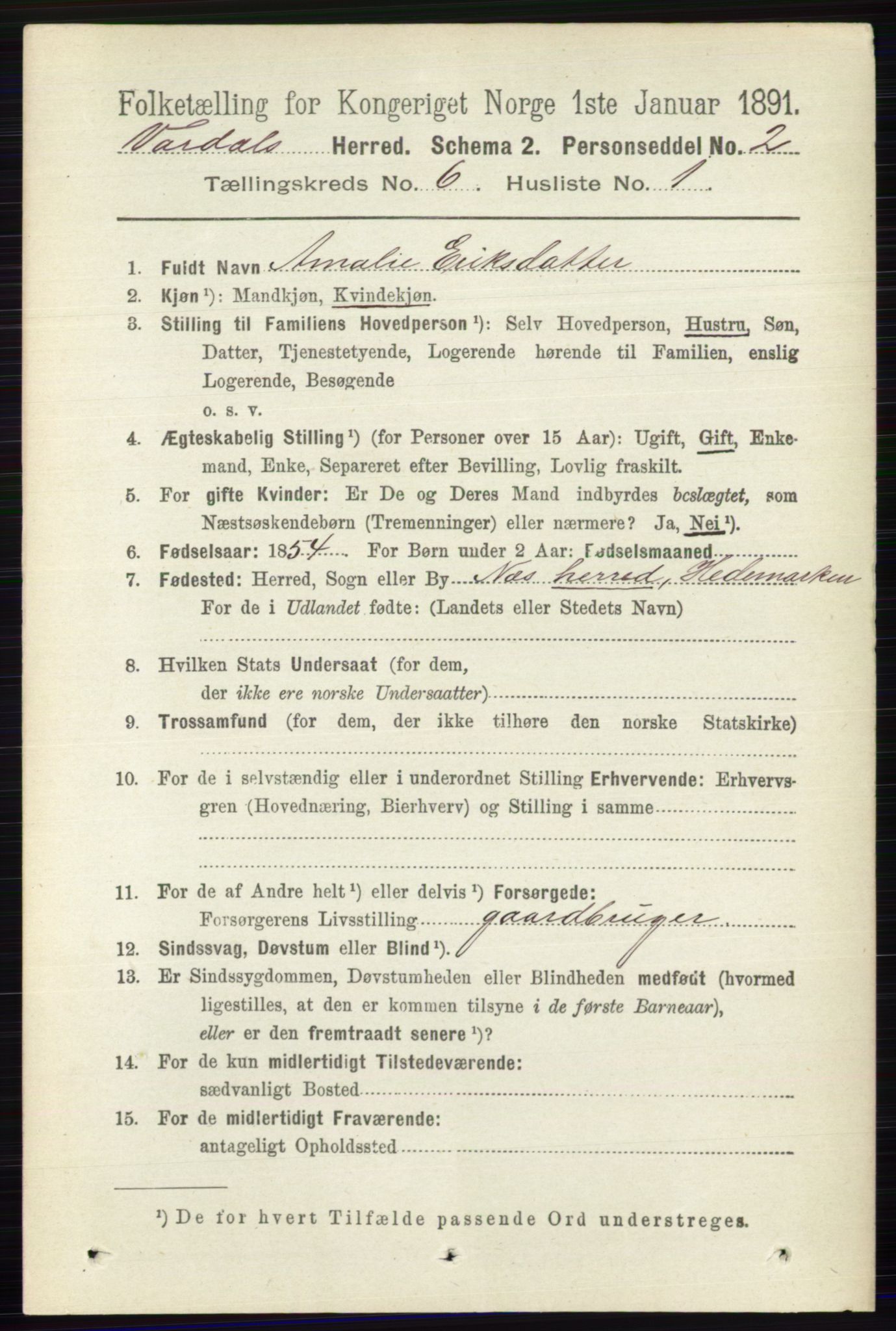 RA, 1891 census for 0527 Vardal, 1891, p. 2375