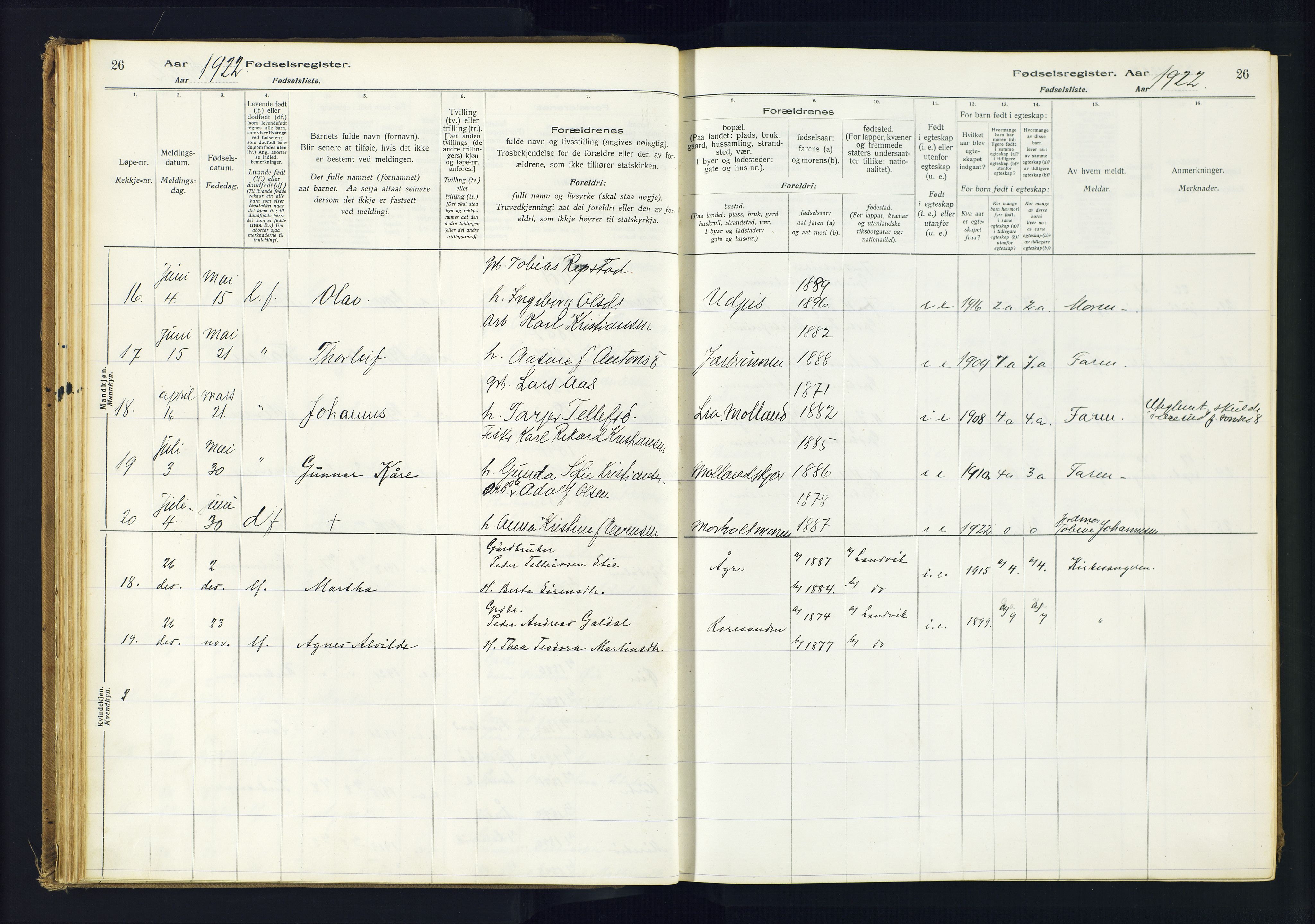 Hommedal sokneprestkontor, AV/SAK-1111-0023/J/Jd/L0001: Birth register no. 1, 1916-1962, p. 26
