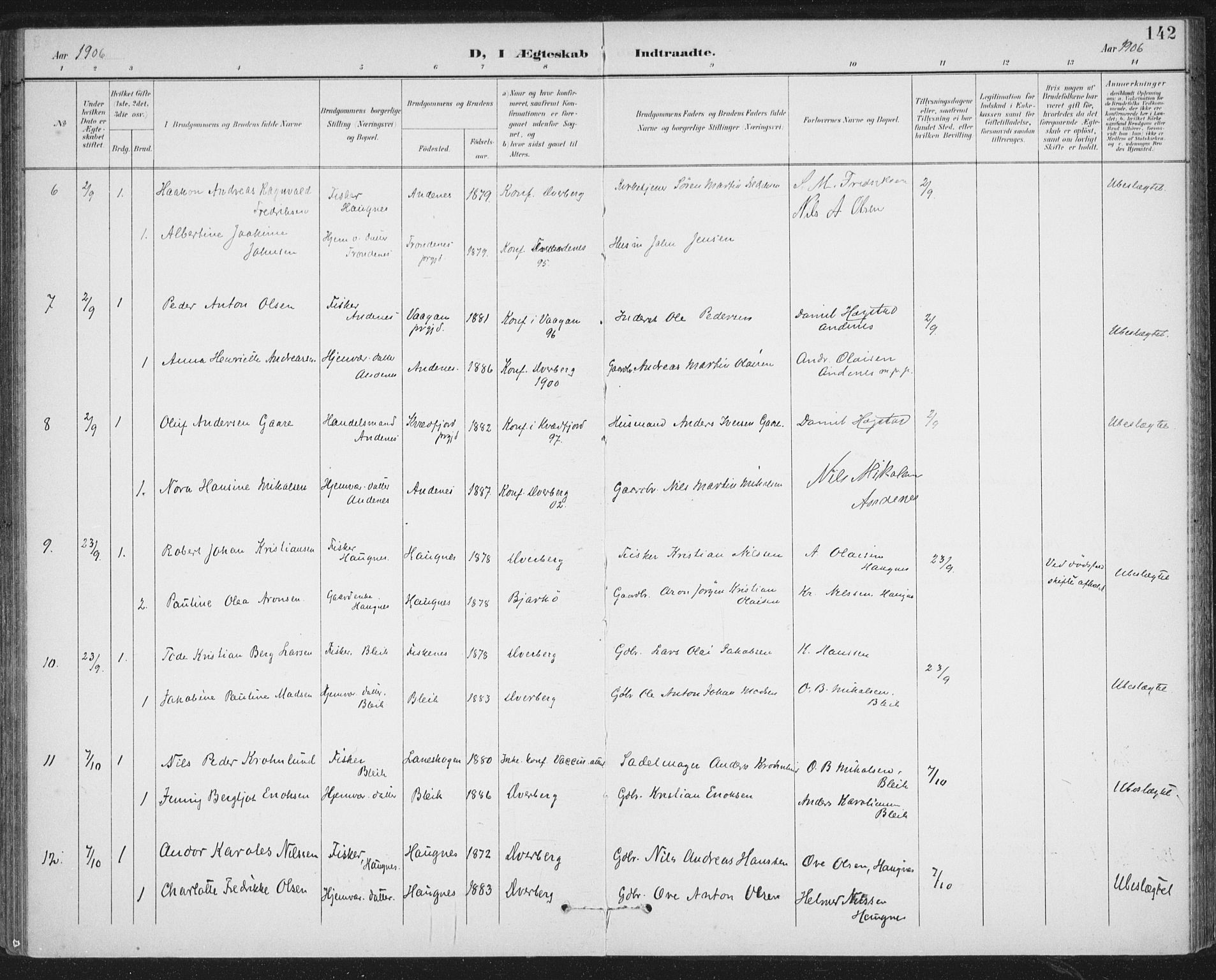 Ministerialprotokoller, klokkerbøker og fødselsregistre - Nordland, AV/SAT-A-1459/899/L1437: Parish register (official) no. 899A05, 1897-1908, p. 142