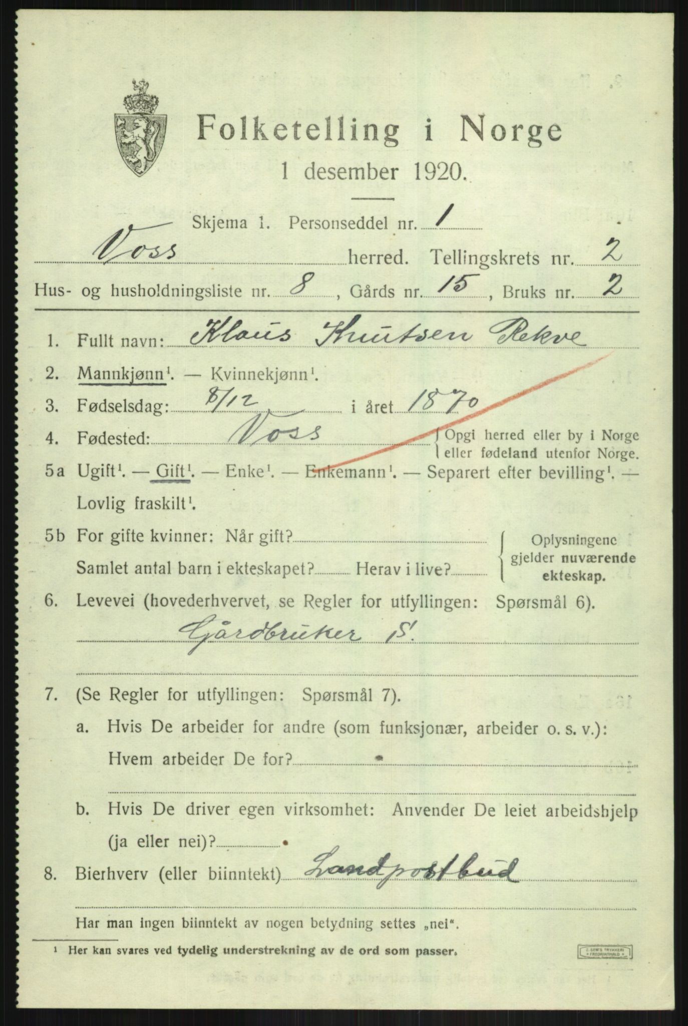 SAB, 1920 census for Voss, 1920, p. 3545