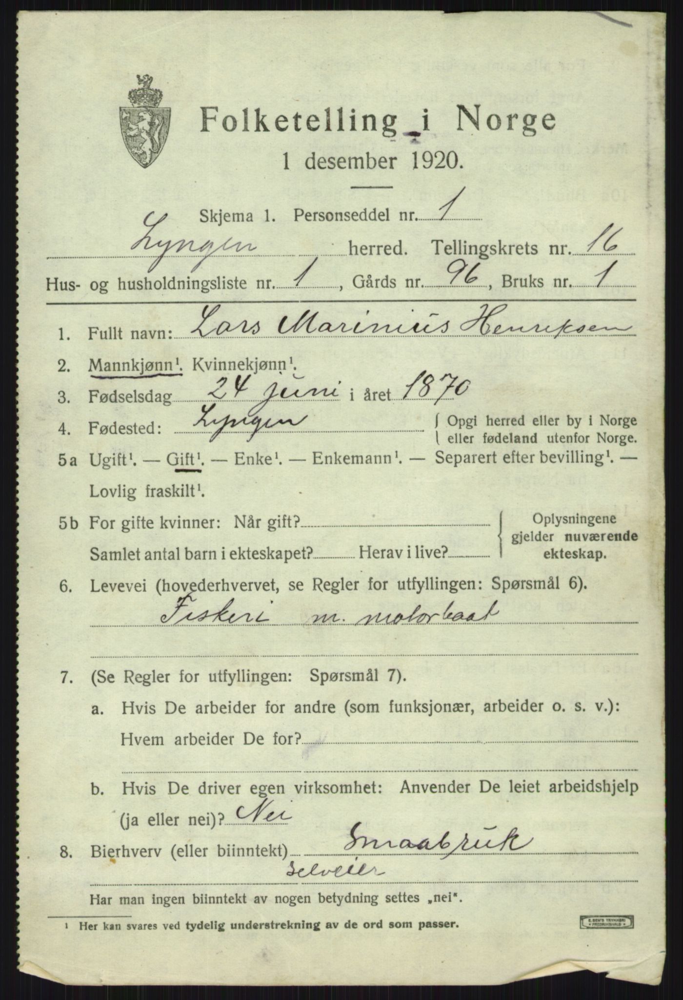 SATØ, 1920 census for Lyngen, 1920, p. 13263