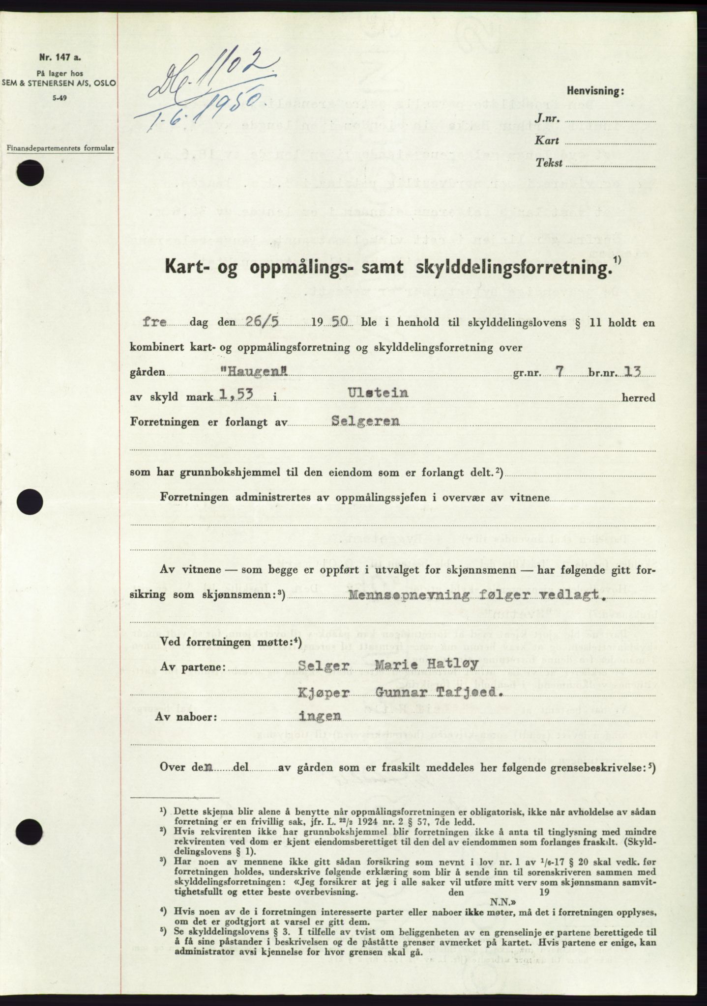 Søre Sunnmøre sorenskriveri, AV/SAT-A-4122/1/2/2C/L0087: Mortgage book no. 13A, 1950-1950, Diary no: : 1102/1950