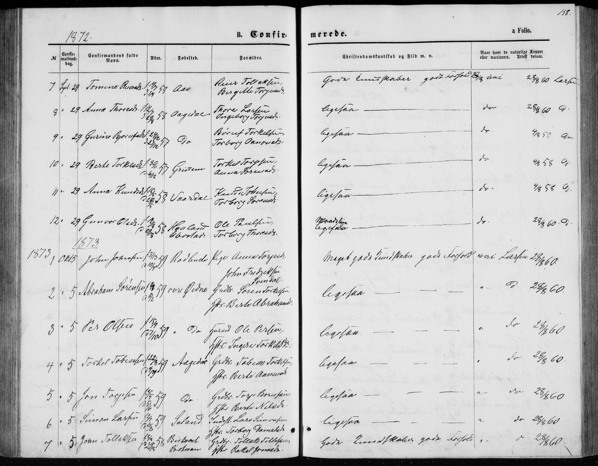 Bjelland sokneprestkontor, SAK/1111-0005/F/Fb/Fbc/L0002: Parish register (copy) no. B 2, 1867-1887, p. 158