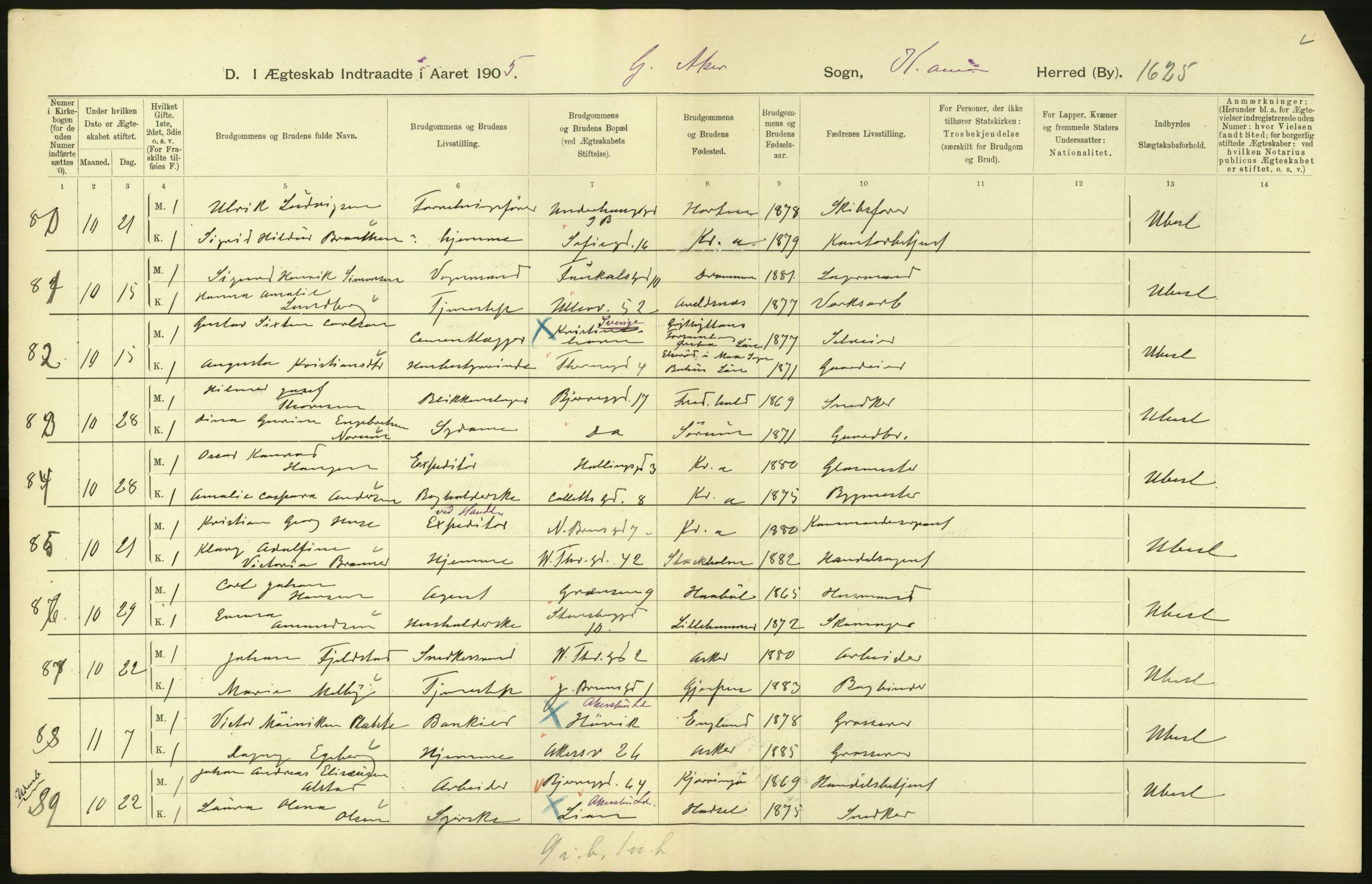 Statistisk sentralbyrå, Sosiodemografiske emner, Befolkning, AV/RA-S-2228/D/Df/Dfa/Dfac/L0007b: Kristiania: Gifte, 1905, p. 26