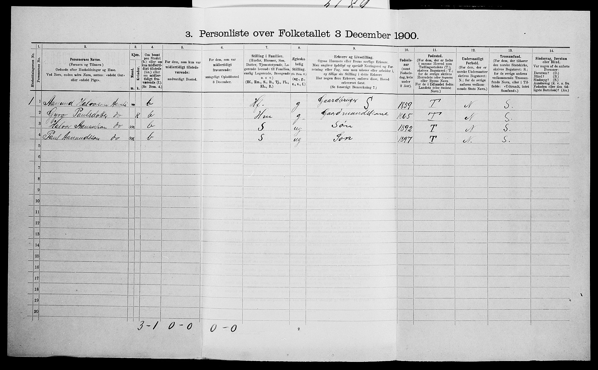SAK, 1900 census for Valle, 1900, p. 543
