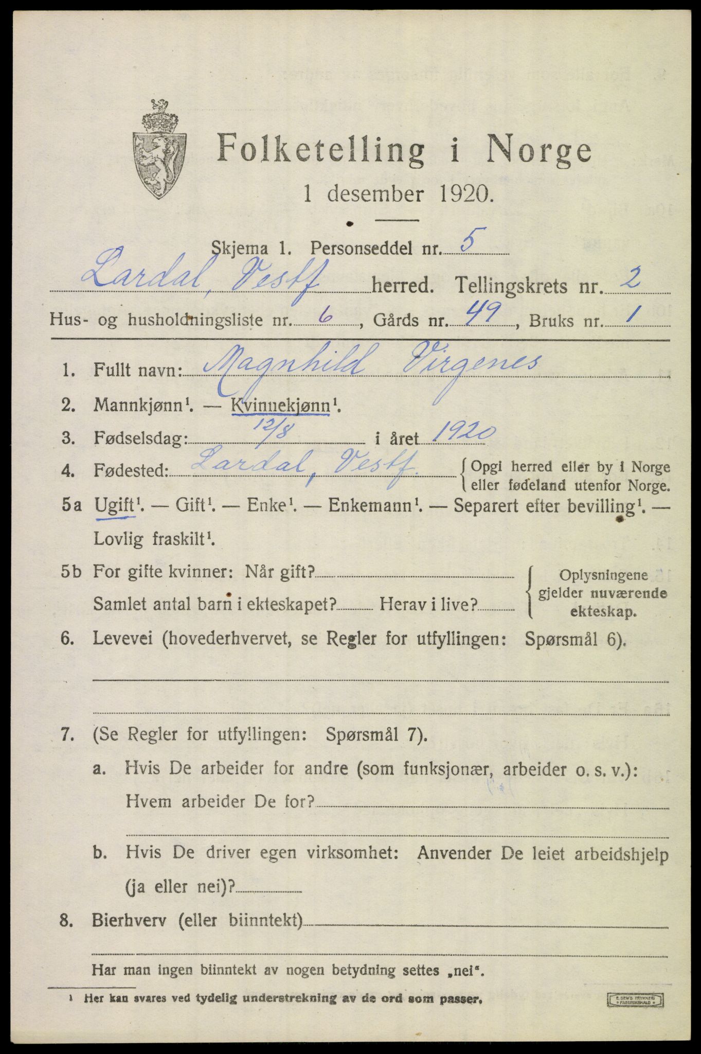 SAKO, 1920 census for Lardal, 1920, p. 2015