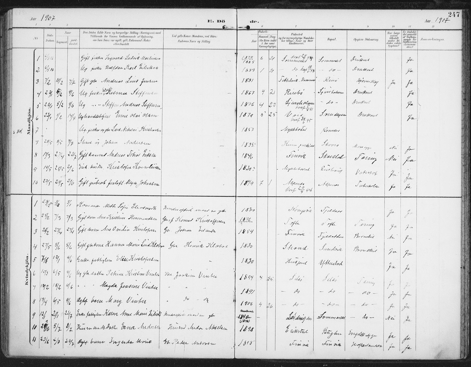 Ministerialprotokoller, klokkerbøker og fødselsregistre - Nordland, AV/SAT-A-1459/872/L1036: Parish register (official) no. 872A11, 1897-1913, p. 247