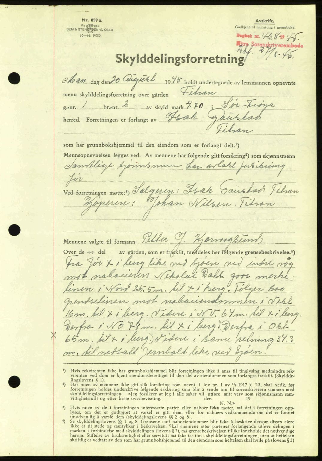 Hitra sorenskriveri, AV/SAT-A-0018/2/2C/2Ca: Mortgage book no. A2, 1943-1945, Diary no: : 468/1945