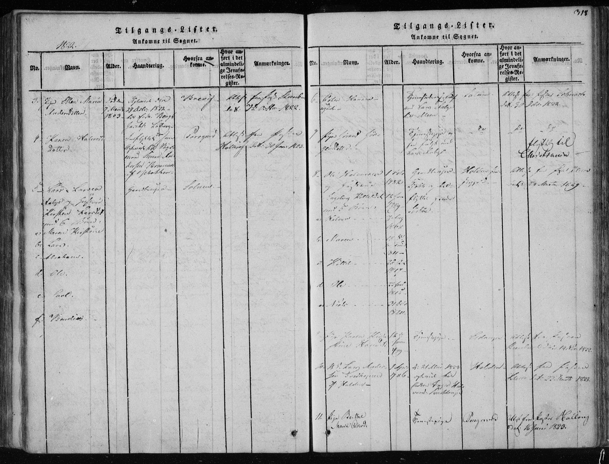 Gjerpen kirkebøker, SAKO/A-265/F/Fa/L0004: Parish register (official) no. I 4, 1814-1823, p. 318