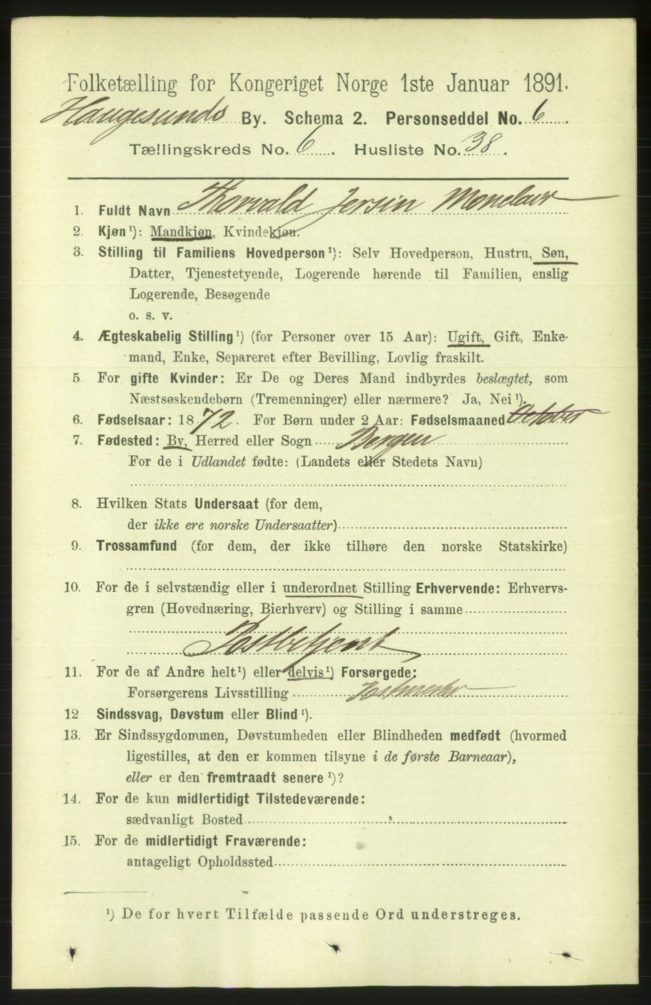 RA, 1891 census for 1106 Haugesund, 1891, p. 3002