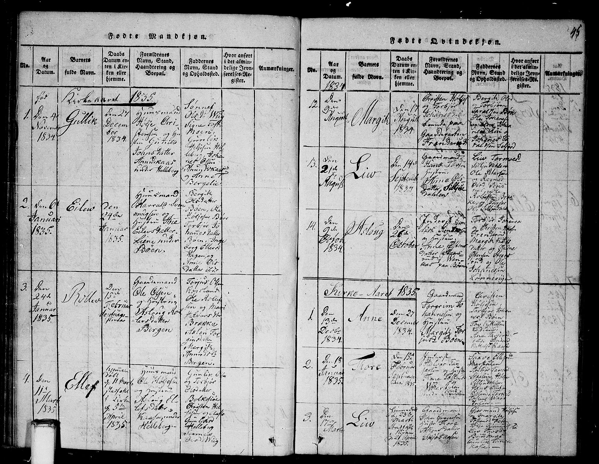 Gransherad kirkebøker, SAKO/A-267/G/Ga/L0001: Parish register (copy) no. I 1, 1815-1842, p. 45