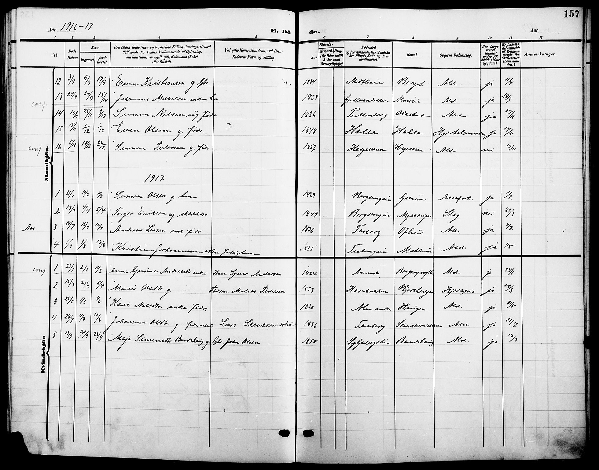 Ringsaker prestekontor, SAH/PREST-014/L/La/L0016: Parish register (copy) no. 16, 1905-1920, p. 157