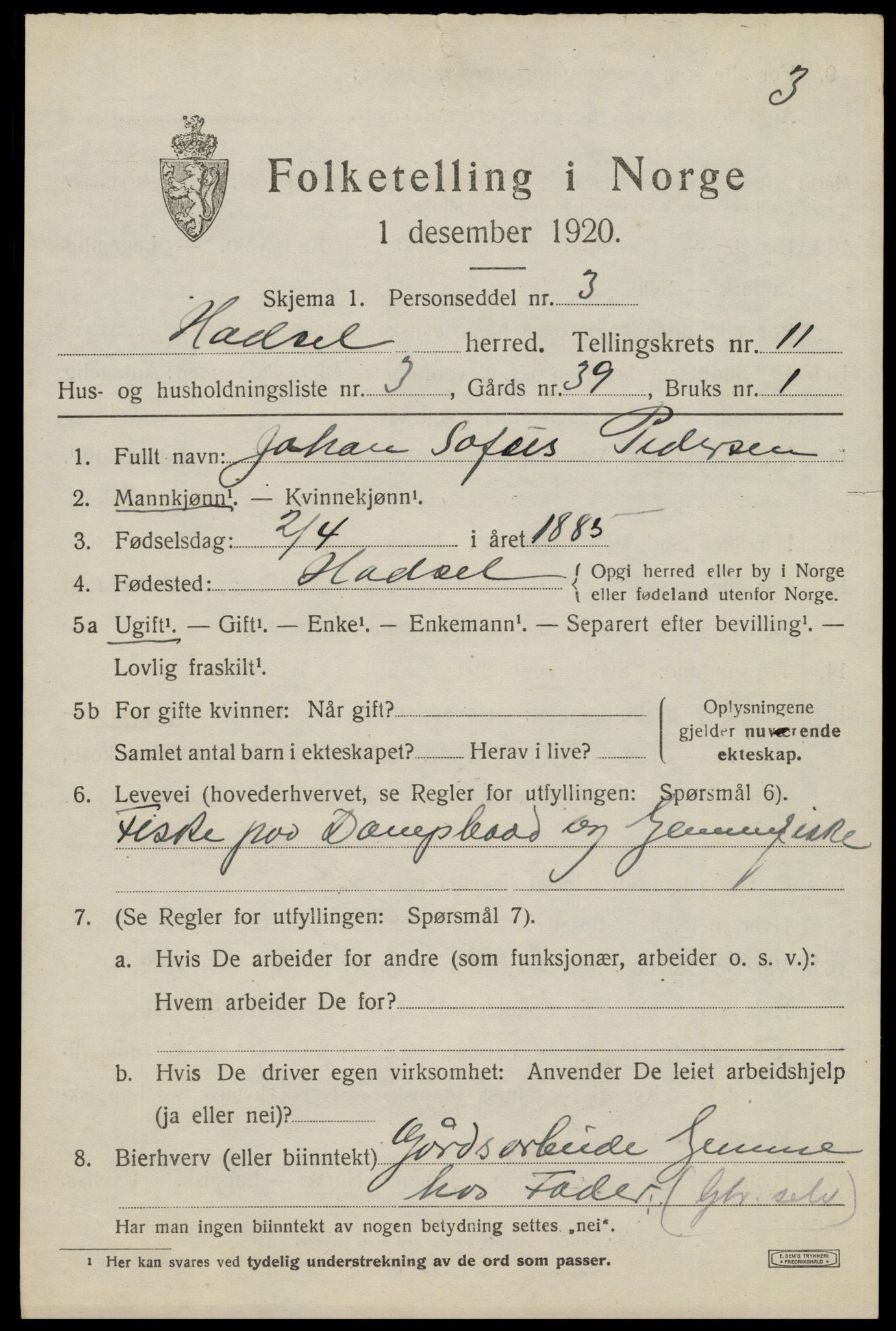 SAT, 1920 census for Hadsel, 1920, p. 8714