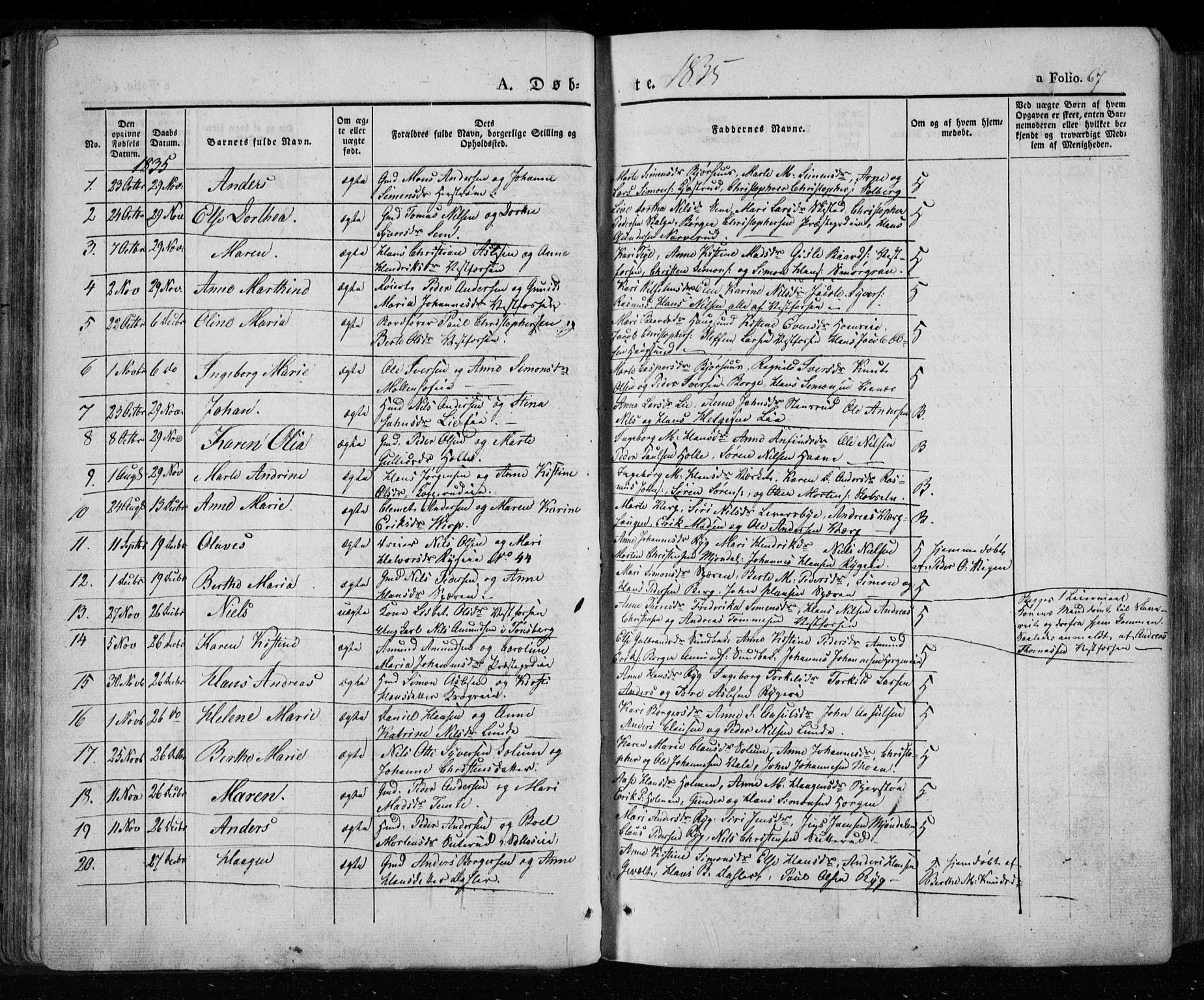 Eiker kirkebøker, SAKO/A-4/F/Fa/L0013a: Parish register (official) no. I 13A, 1832-1845, p. 67