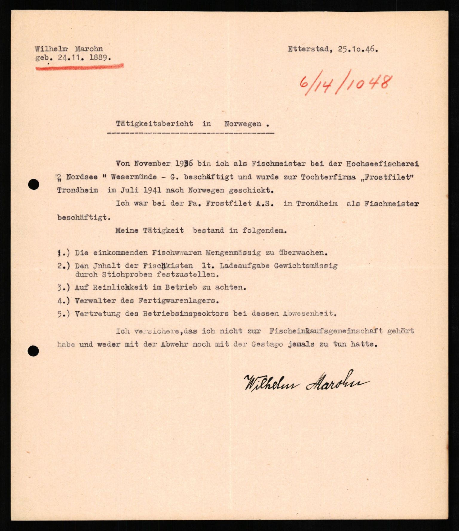 Forsvaret, Forsvarets overkommando II, RA/RAFA-3915/D/Db/L0021: CI Questionaires. Tyske okkupasjonsstyrker i Norge. Tyskere., 1945-1946, p. 165
