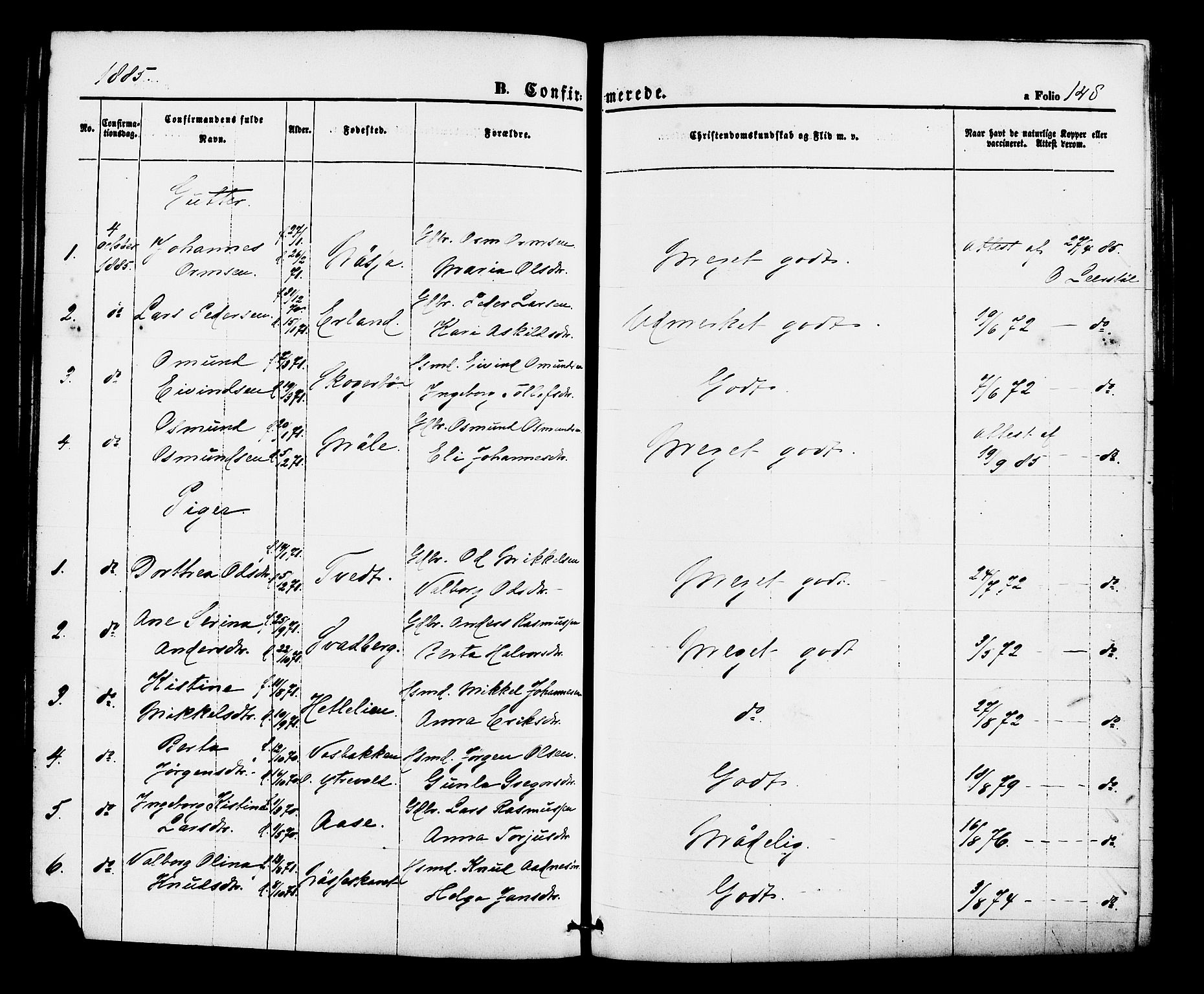 Hjelmeland sokneprestkontor, AV/SAST-A-101843/01/IV/L0012: Parish register (official) no. A 12, 1862-1886, p. 148