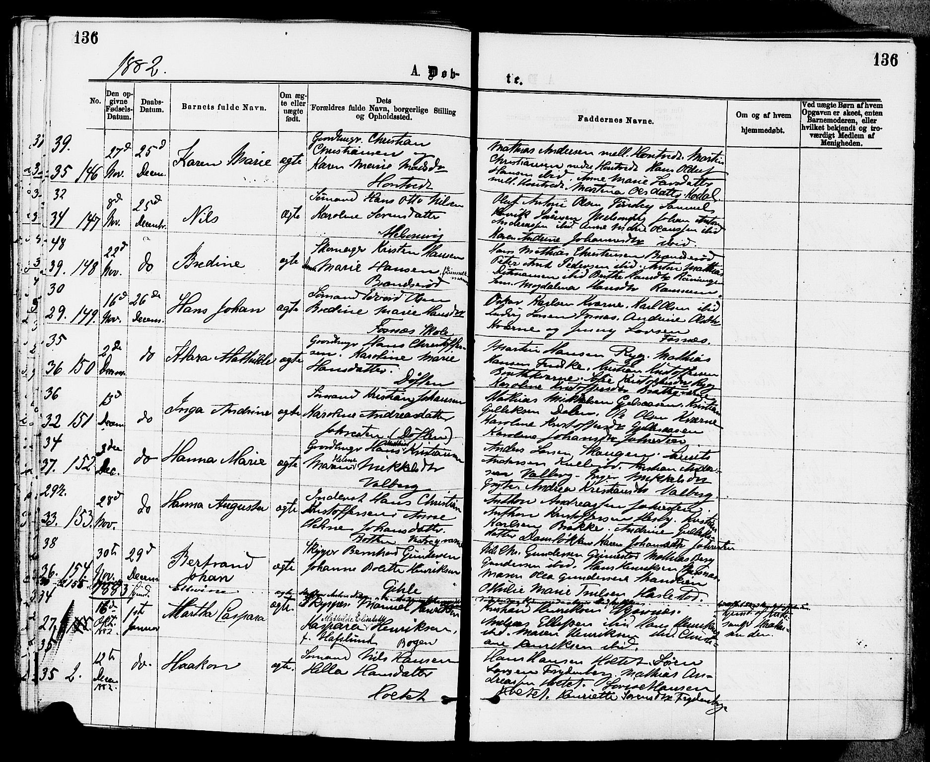 Stokke kirkebøker, SAKO/A-320/F/Fa/L0009: Parish register (official) no. I 9, 1872-1883, p. 136