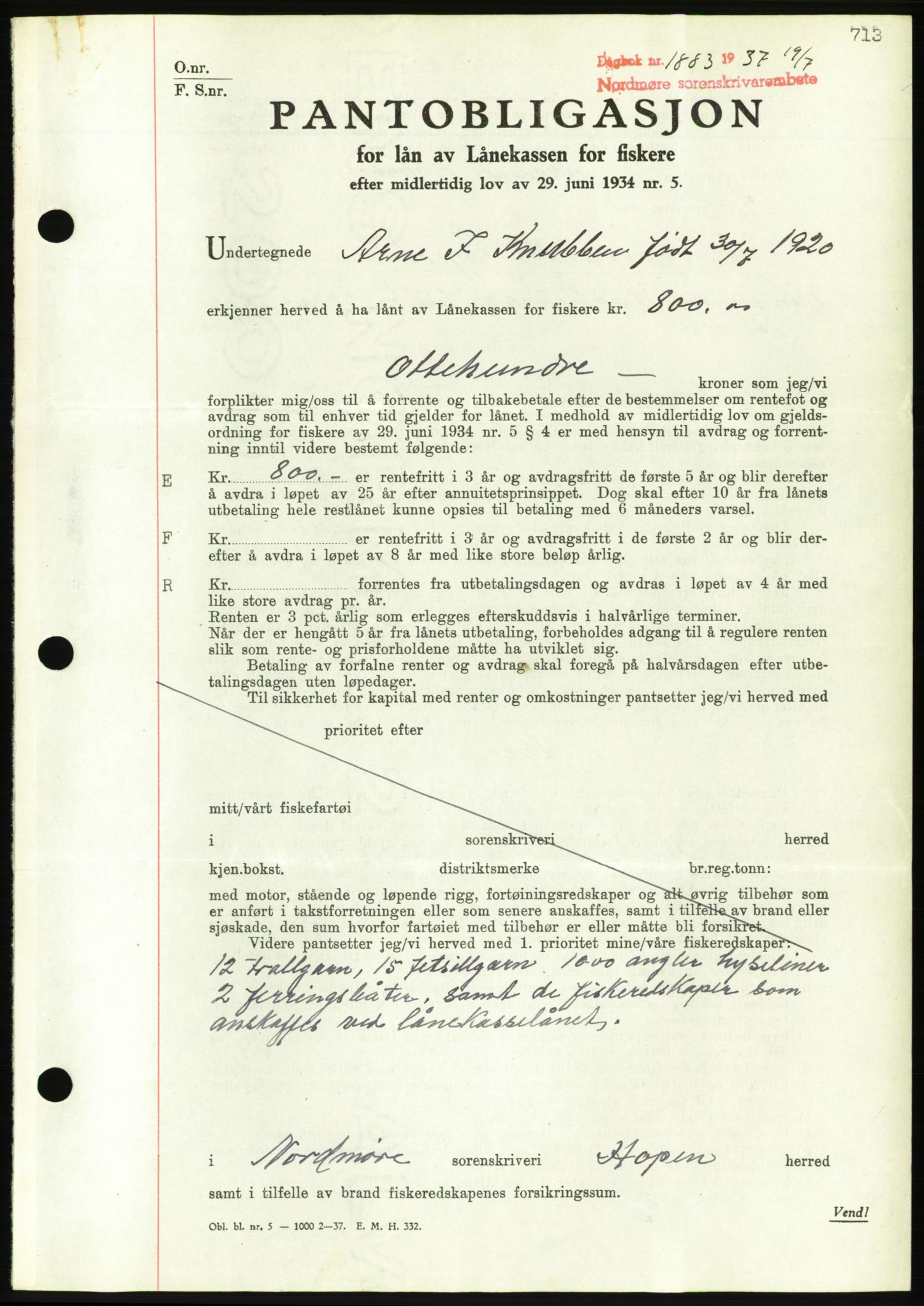 Nordmøre sorenskriveri, AV/SAT-A-4132/1/2/2Ca/L0091: Mortgage book no. B81, 1937-1937, Diary no: : 1883/1937