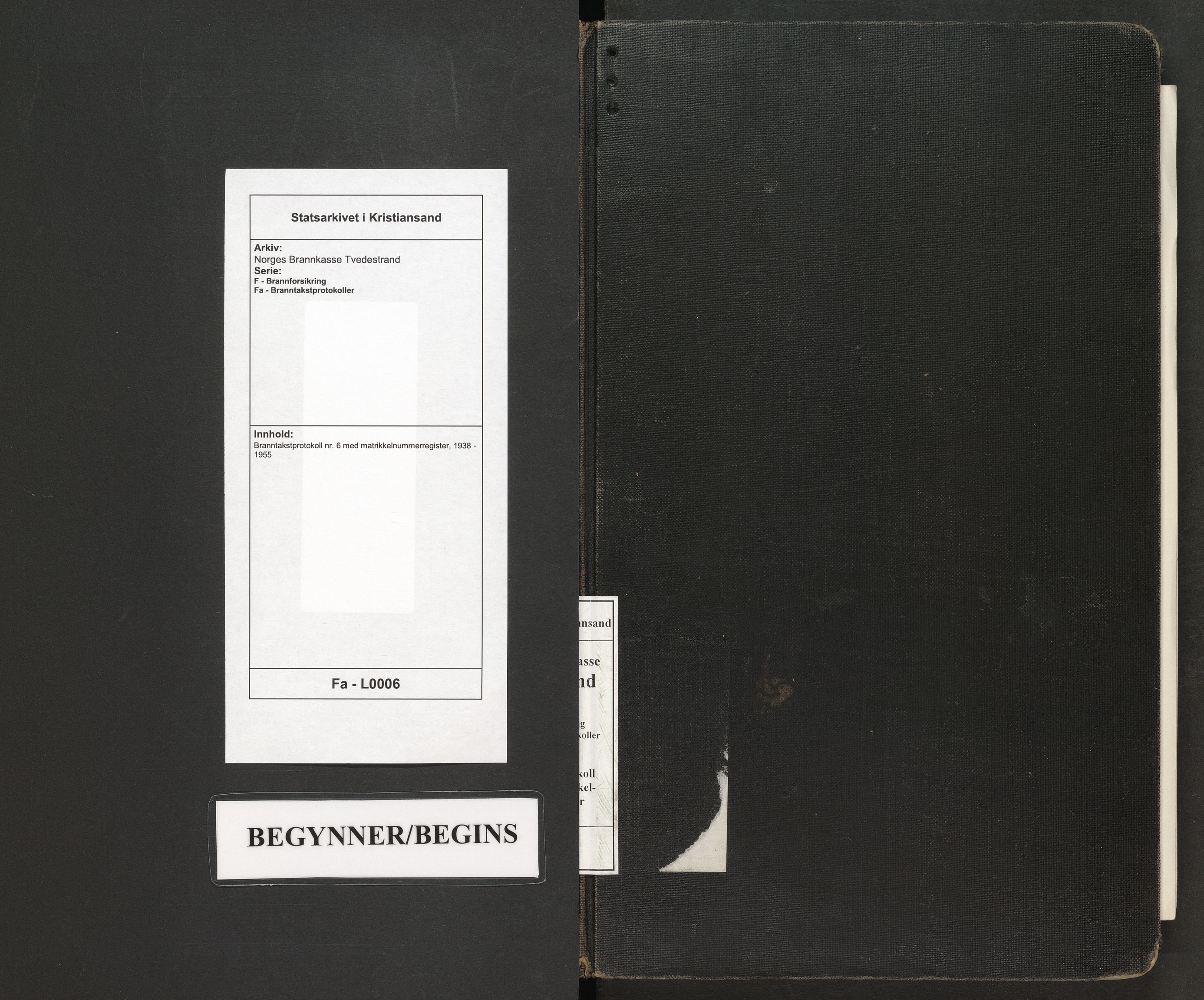 Norges Brannkasse Tvedestrand, SAK/2241-0050/F/Fa/L0006: Branntakstprotokoll nr. 6 med matrikkelnummerregister, 1938-1955