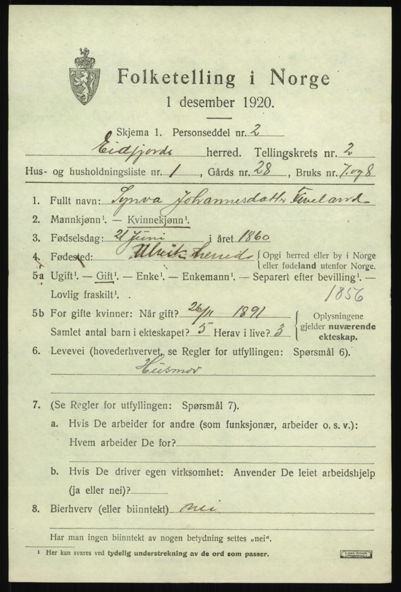 SAB, 1920 census for Eidfjord, 1920, p. 742