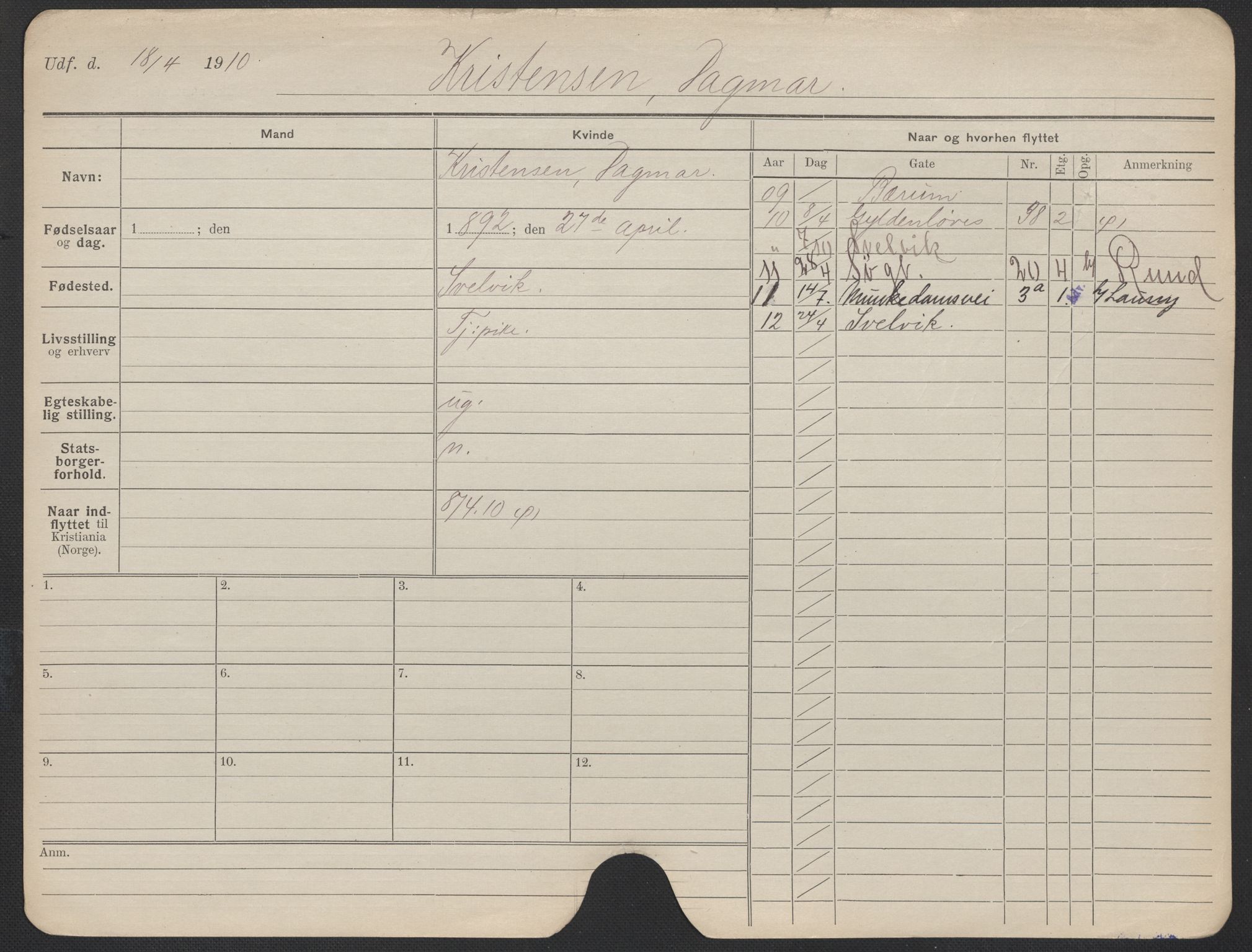 Oslo folkeregister, Registerkort, AV/SAO-A-11715/F/Fa/Fac/L0019: Kvinner, 1906-1914, p. 125a