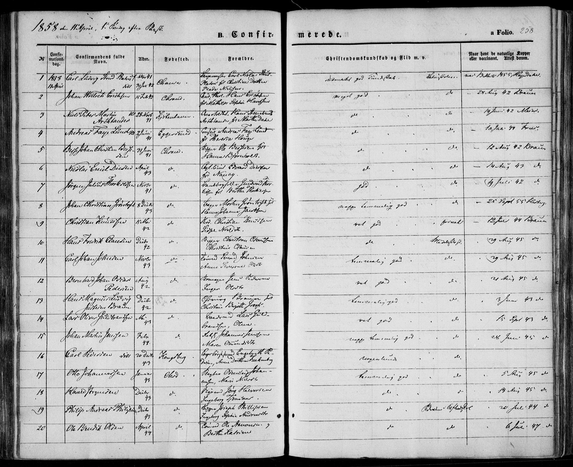 Kristiansand domprosti, AV/SAK-1112-0006/F/Fa/L0014: Parish register (official) no. A 14, 1852-1867, p. 258