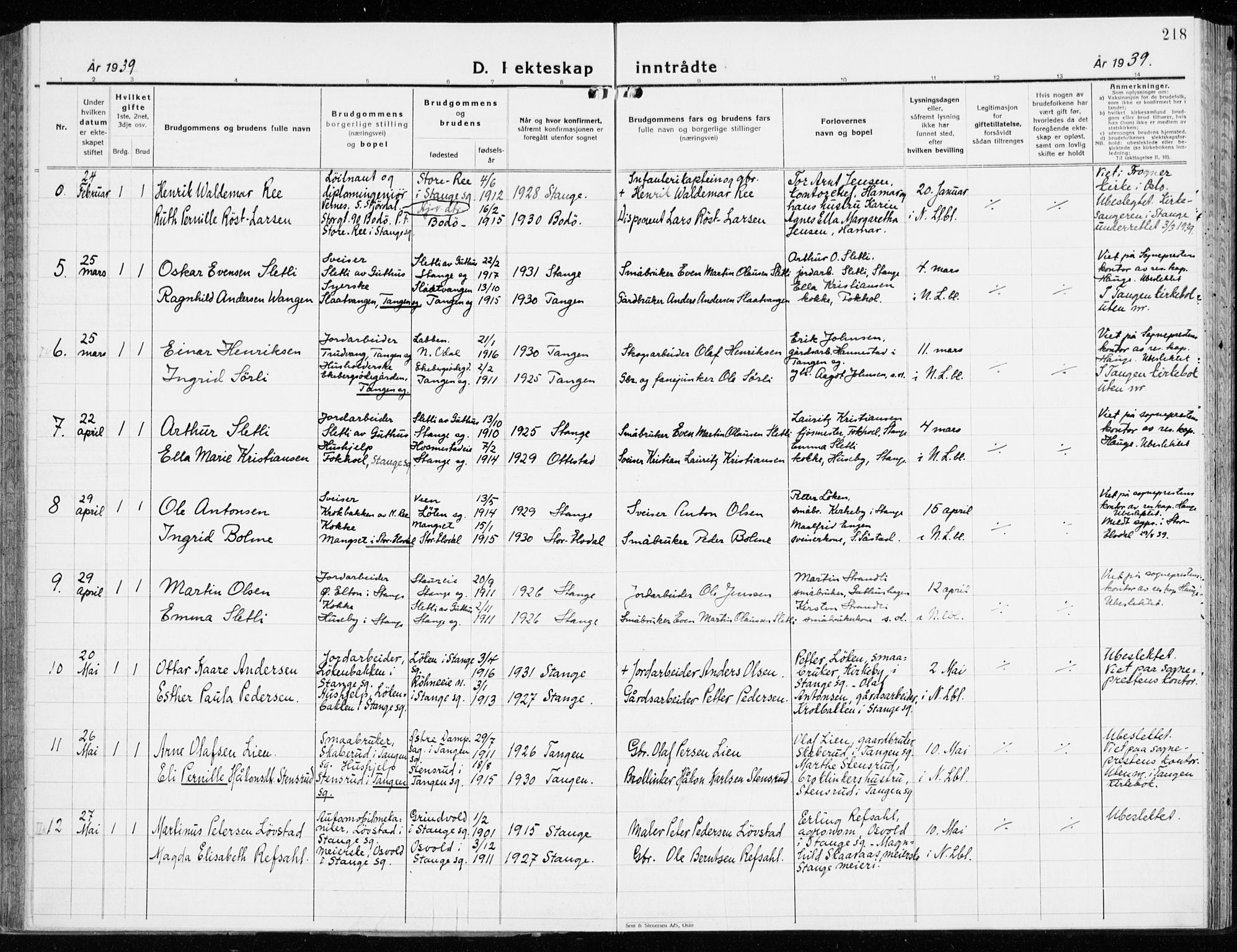 Stange prestekontor, AV/SAH-PREST-002/K/L0027: Parish register (official) no. 27, 1937-1947, p. 218