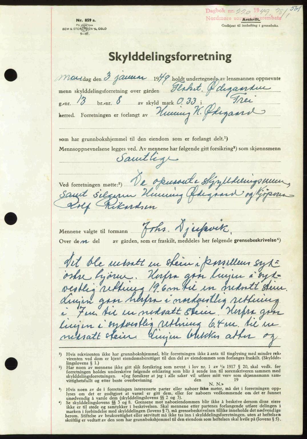 Nordmøre sorenskriveri, AV/SAT-A-4132/1/2/2Ca: Mortgage book no. A110, 1948-1949, Diary no: : 220/1949