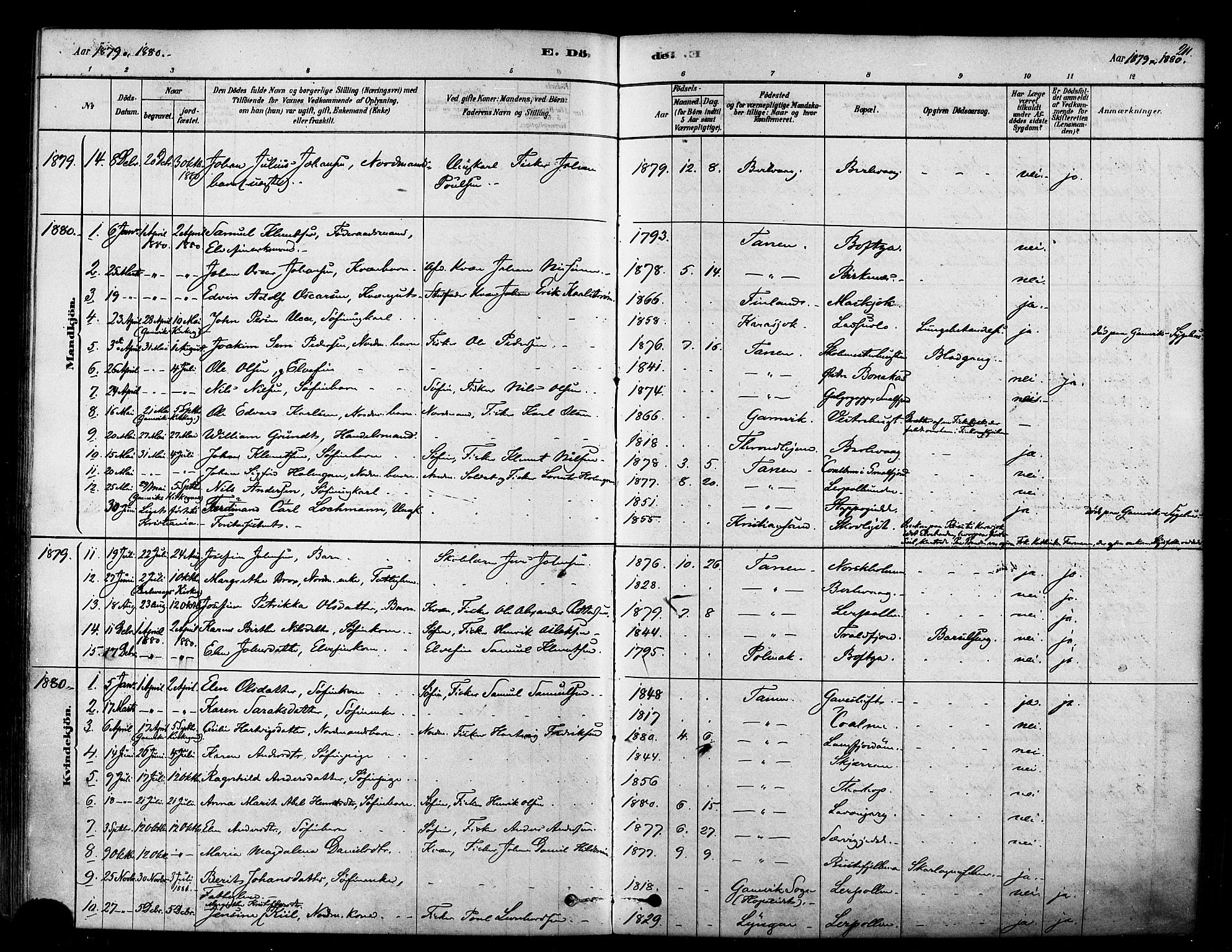 Tana sokneprestkontor, SATØ/S-1334/H/Ha/L0004kirke: Parish register (official) no. 4, 1878-1891, p. 211