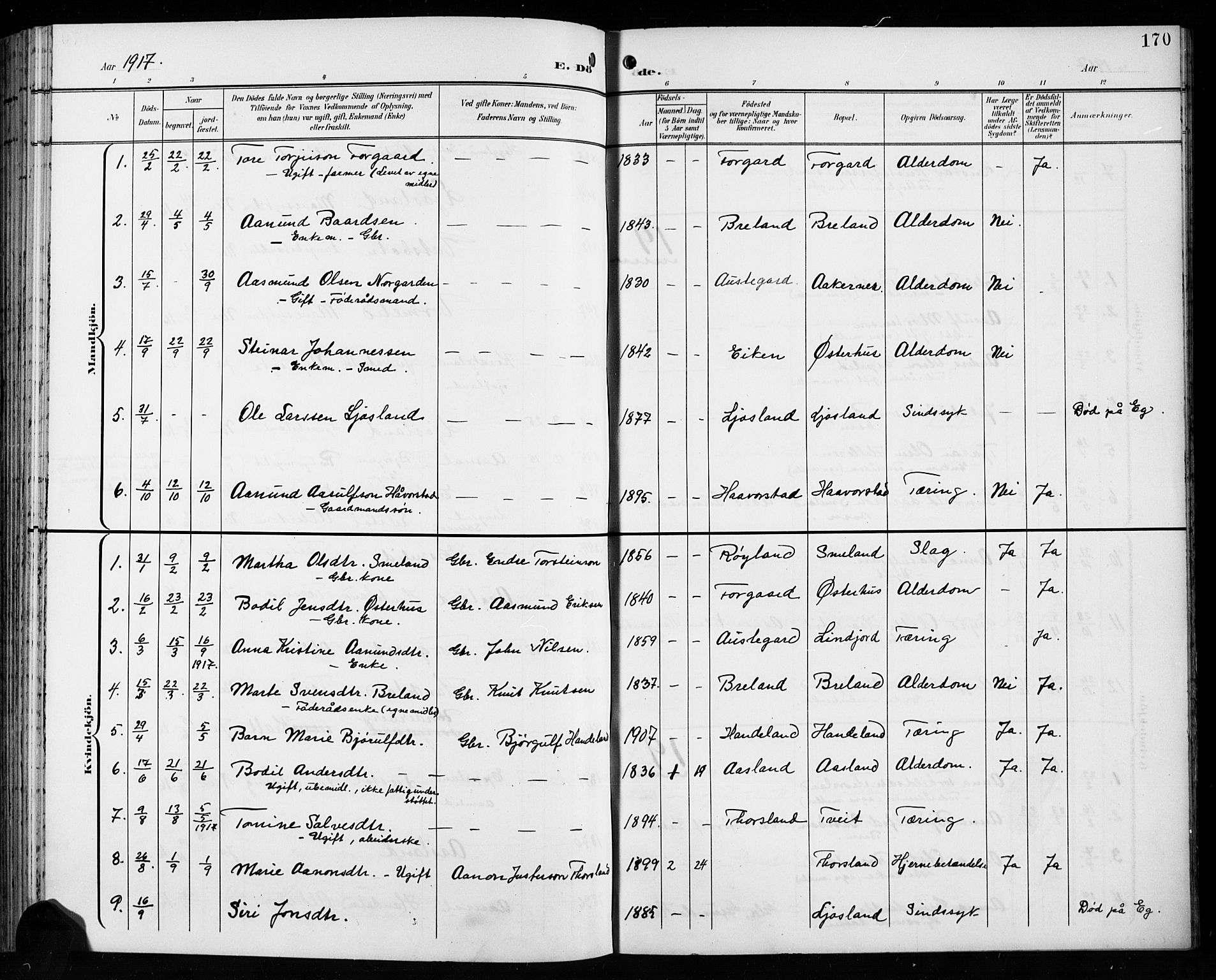 Åseral sokneprestkontor, AV/SAK-1111-0051/F/Fb/L0003: Parish register (copy) no. B 3, 1900-1919, p. 170