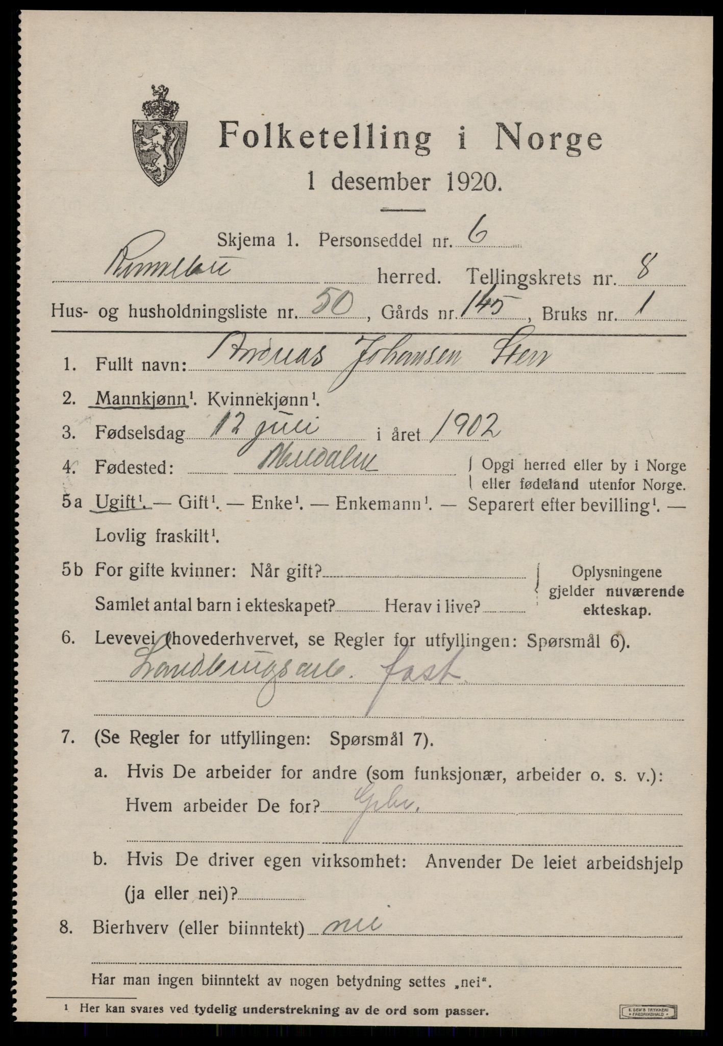 SAT, 1920 census for Rennebu, 1920, p. 5816