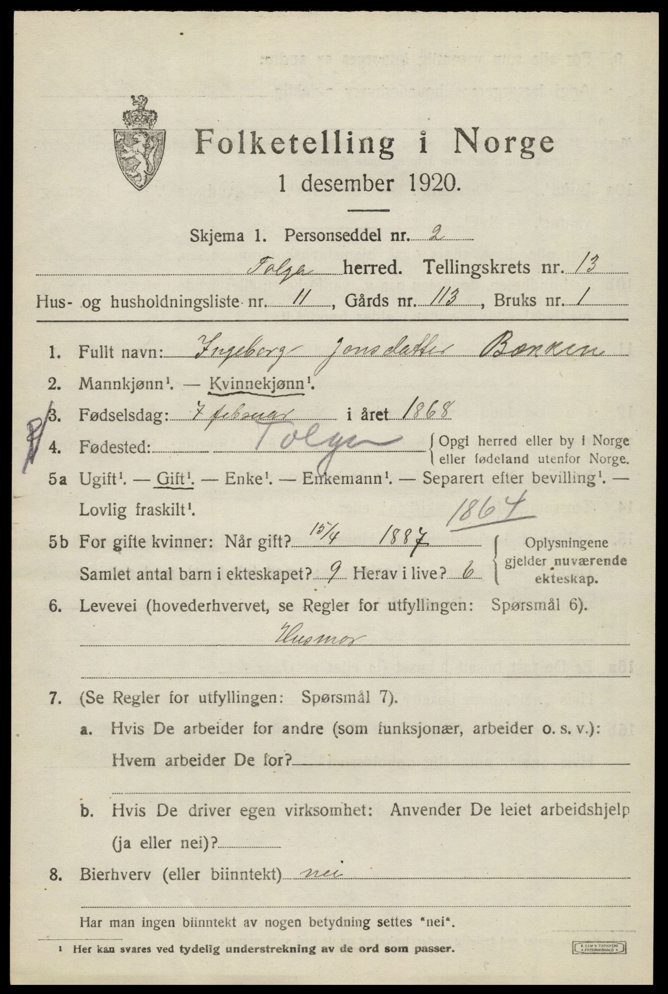 SAH, 1920 census for Tolga, 1920, p. 5915